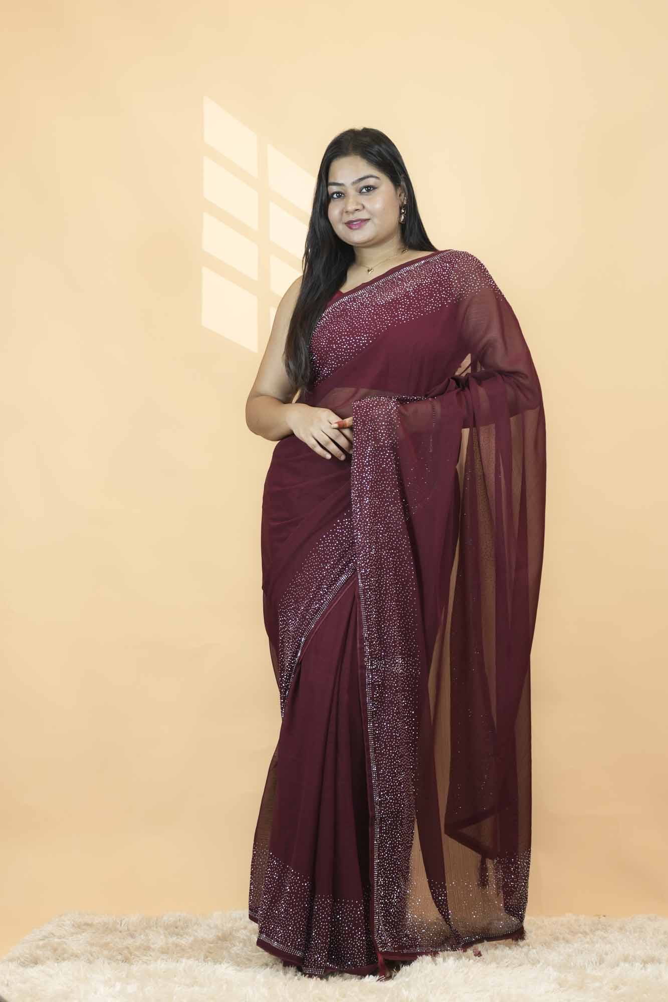 Wine with Premium Stone Embellished Border Ready-to-Wear Saree