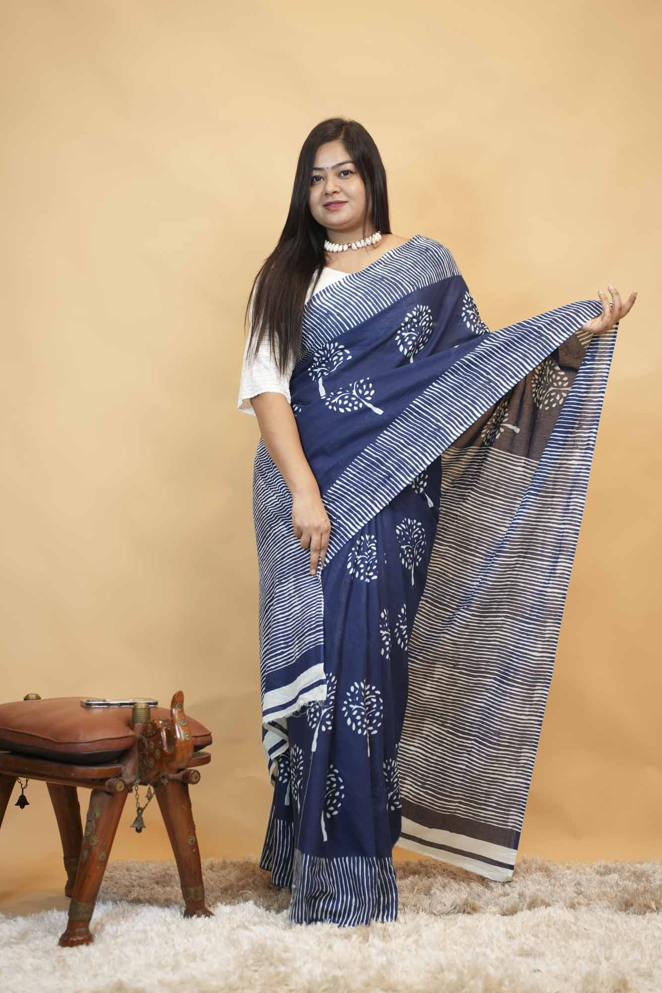 Navy Blue Printed Cotton with Striped Border Ready To Wear Saree