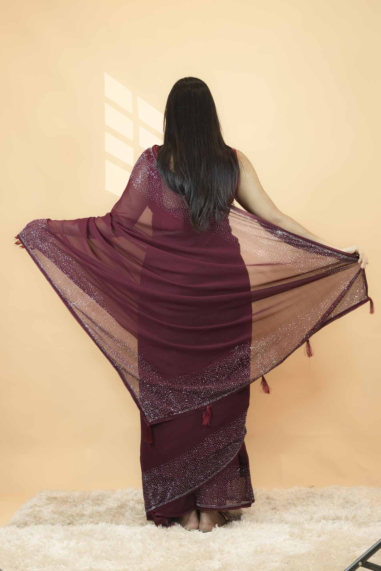 Wine with Premium Stone Embellished Border Ready-to-Wear Saree