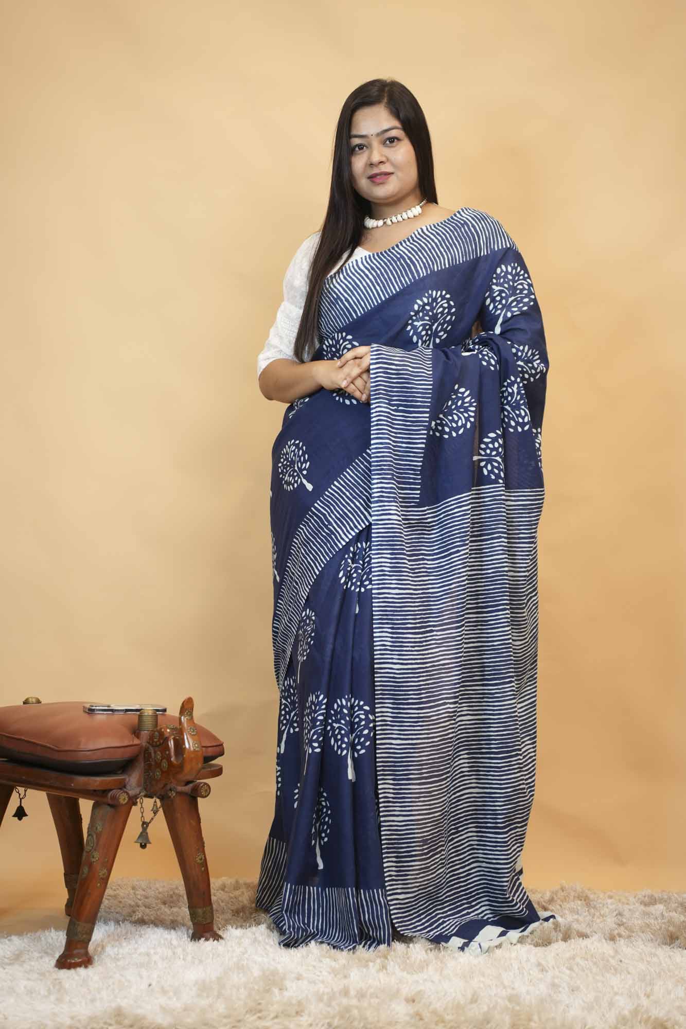 Navy Blue Printed Cotton with Striped Border Ready To Wear Saree