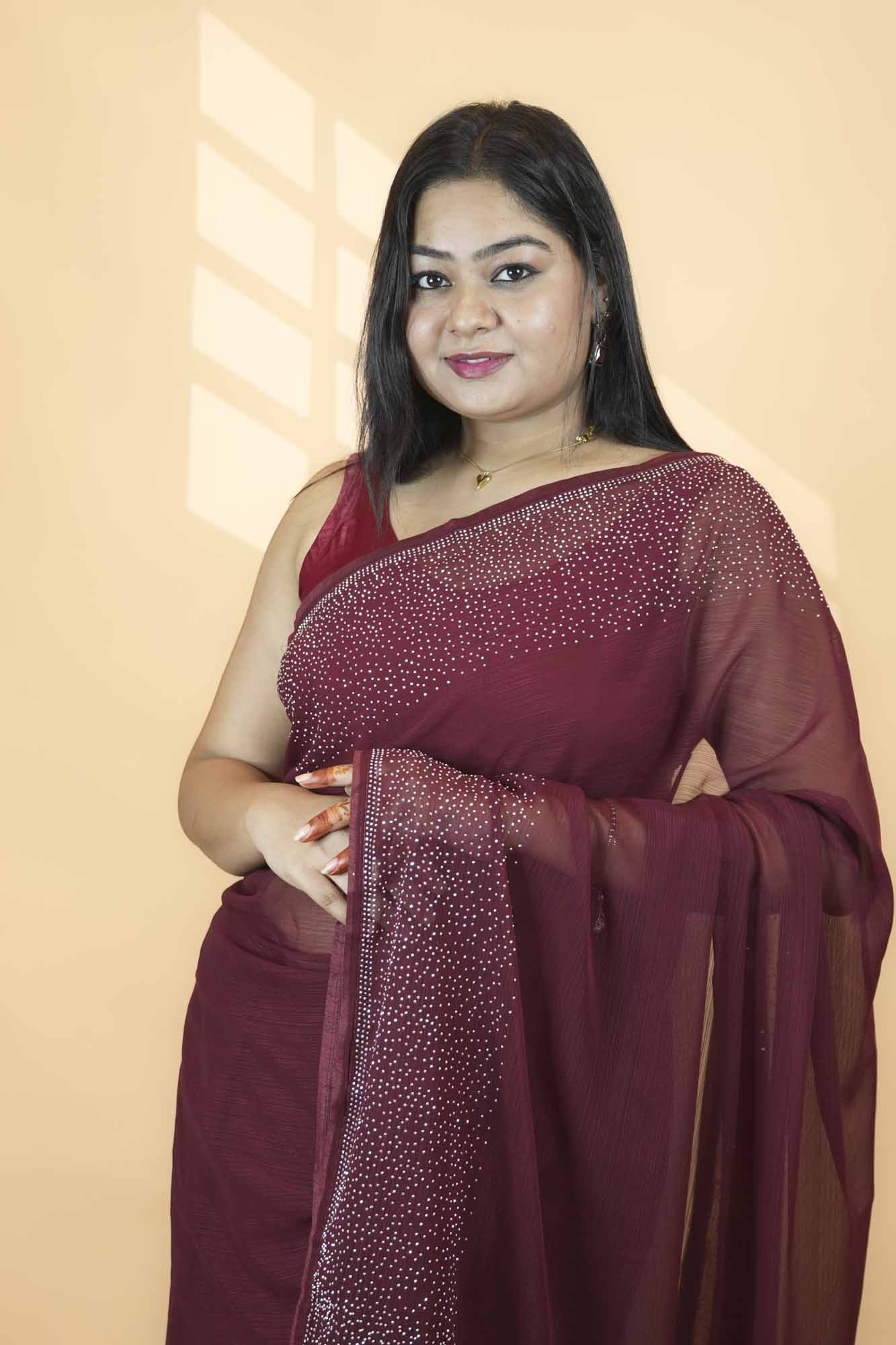 Wine with Premium Stone Embellished Border Ready-to-Wear Saree