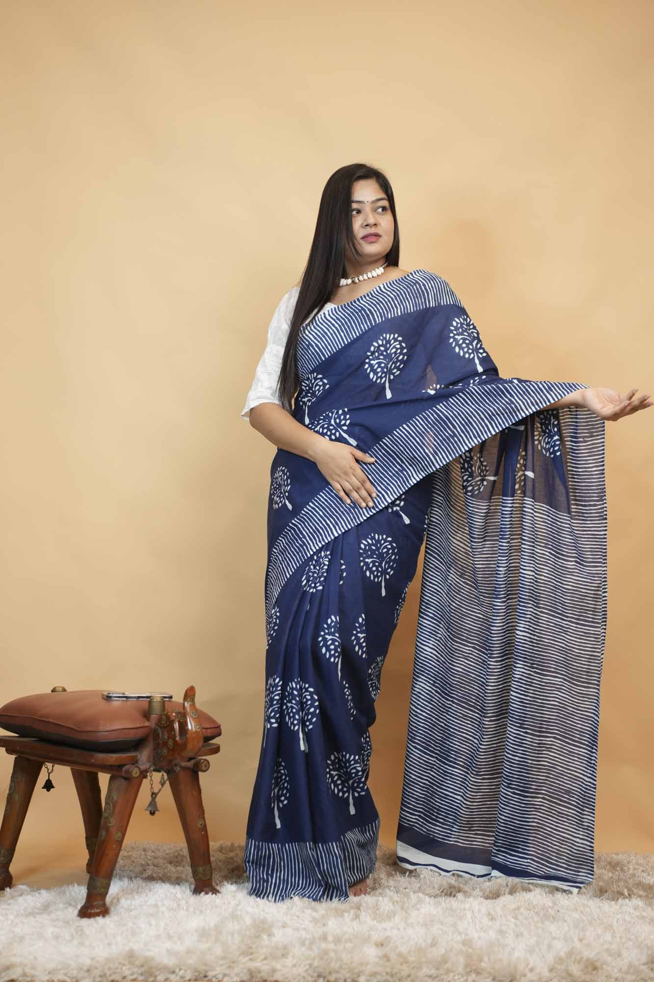 Navy Blue Printed Cotton with Striped Border Ready To Wear Saree