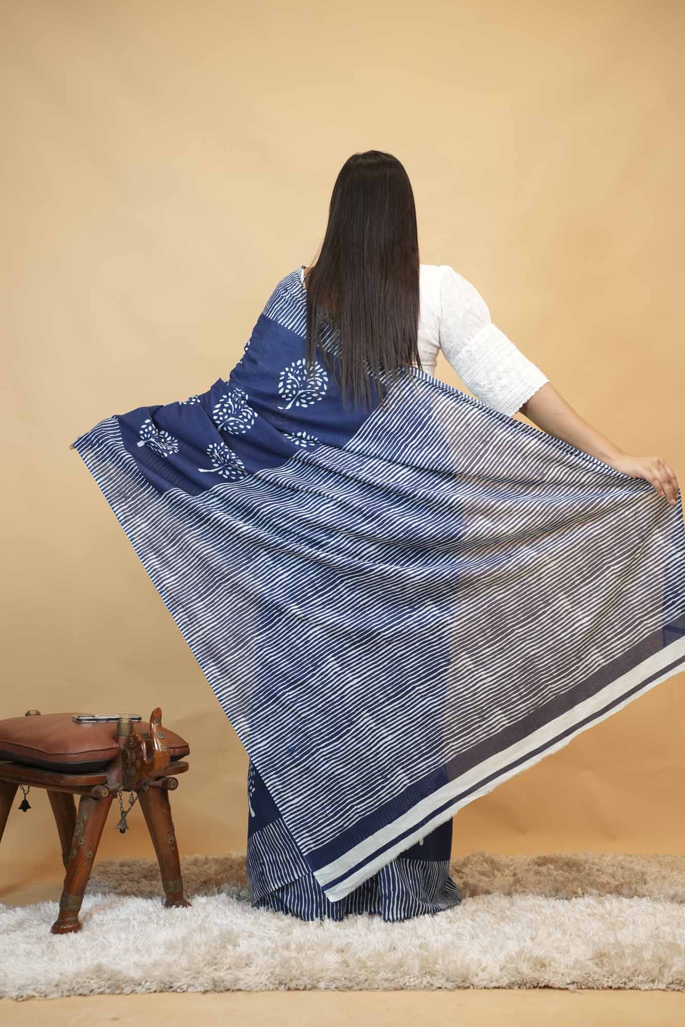 Navy Blue Printed Cotton with Striped Border Ready To Wear Saree