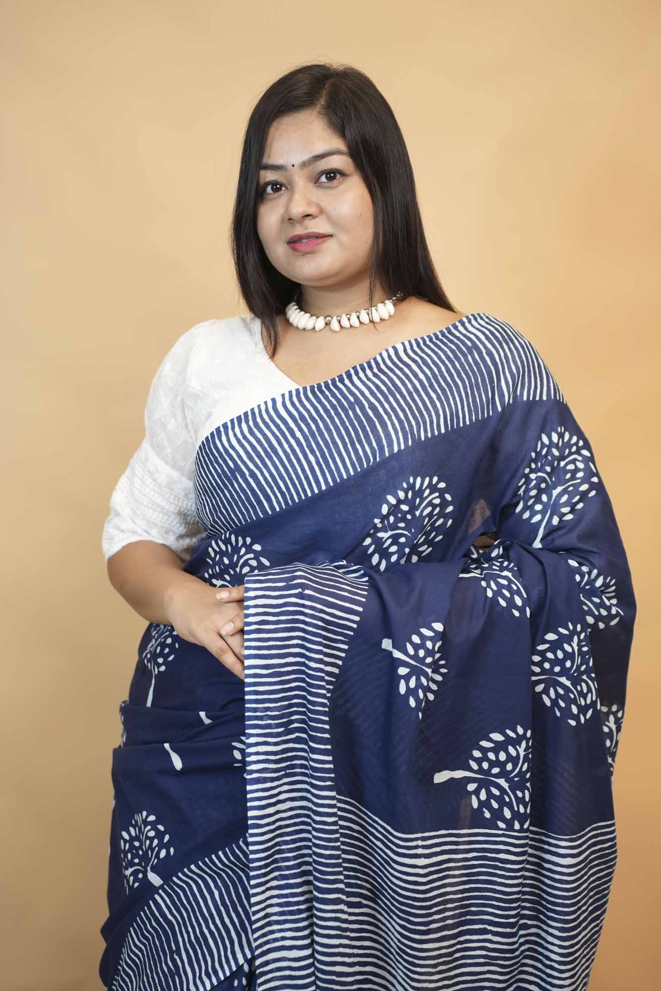 Navy Blue Printed Cotton with Striped Border Ready To Wear Saree
