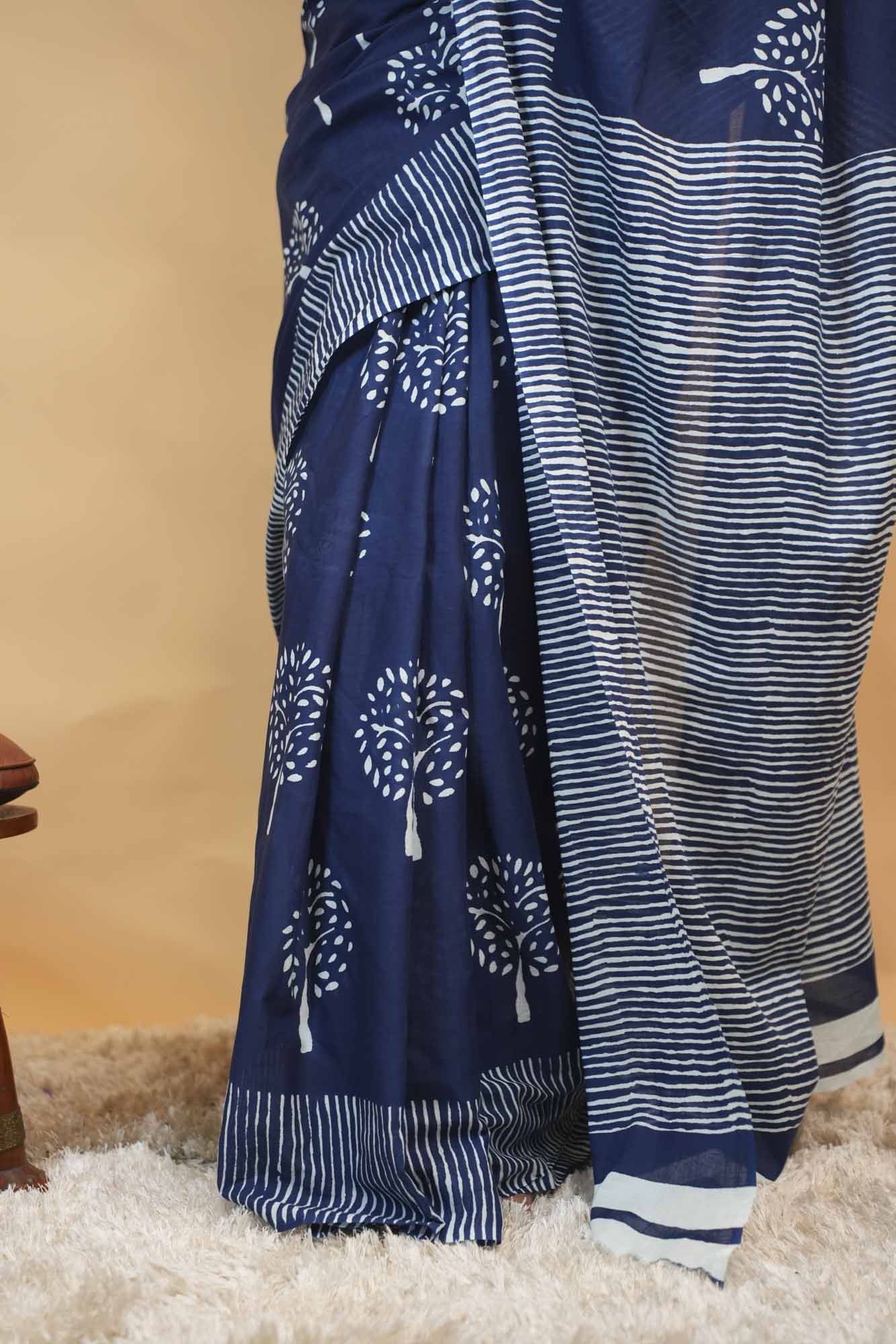 Navy Blue Printed Cotton with Striped Border Ready To Wear Saree