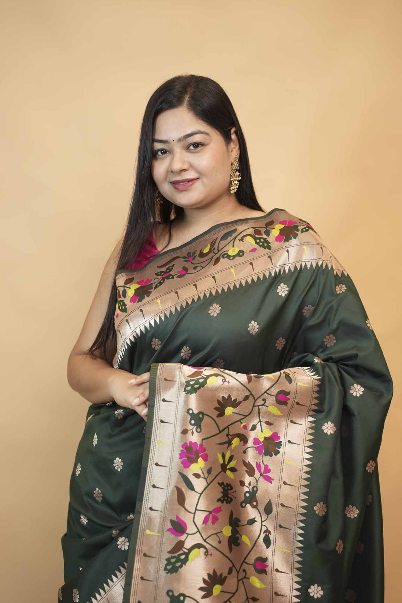 Beautiful Paithani Bottle Green With Madhubani Art  & Buttis Overall Pre Draped Saree
