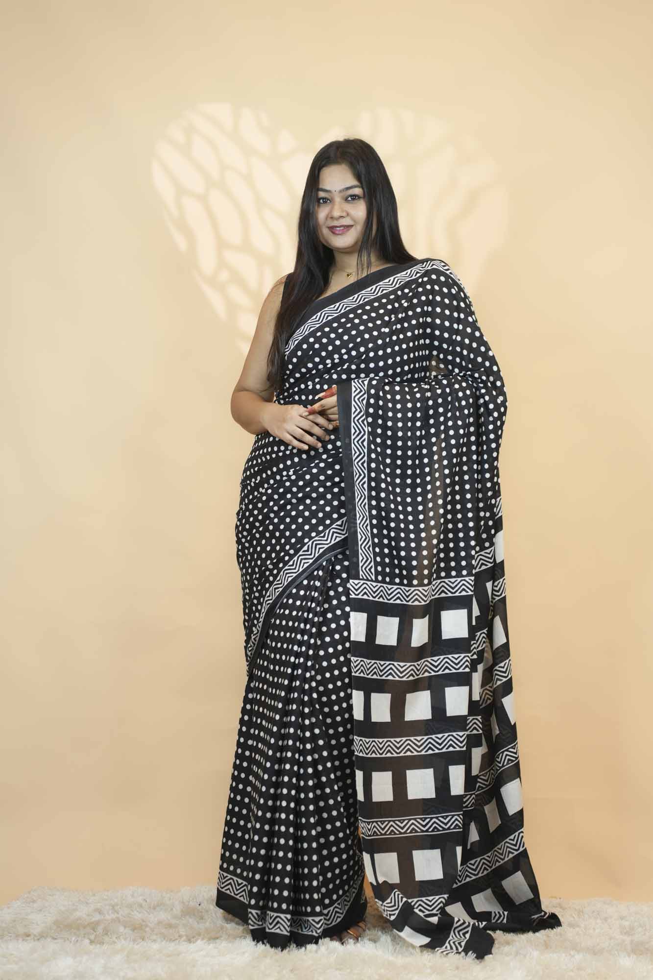 Black & White Polka Dot Printed  Ready To Wear Saree