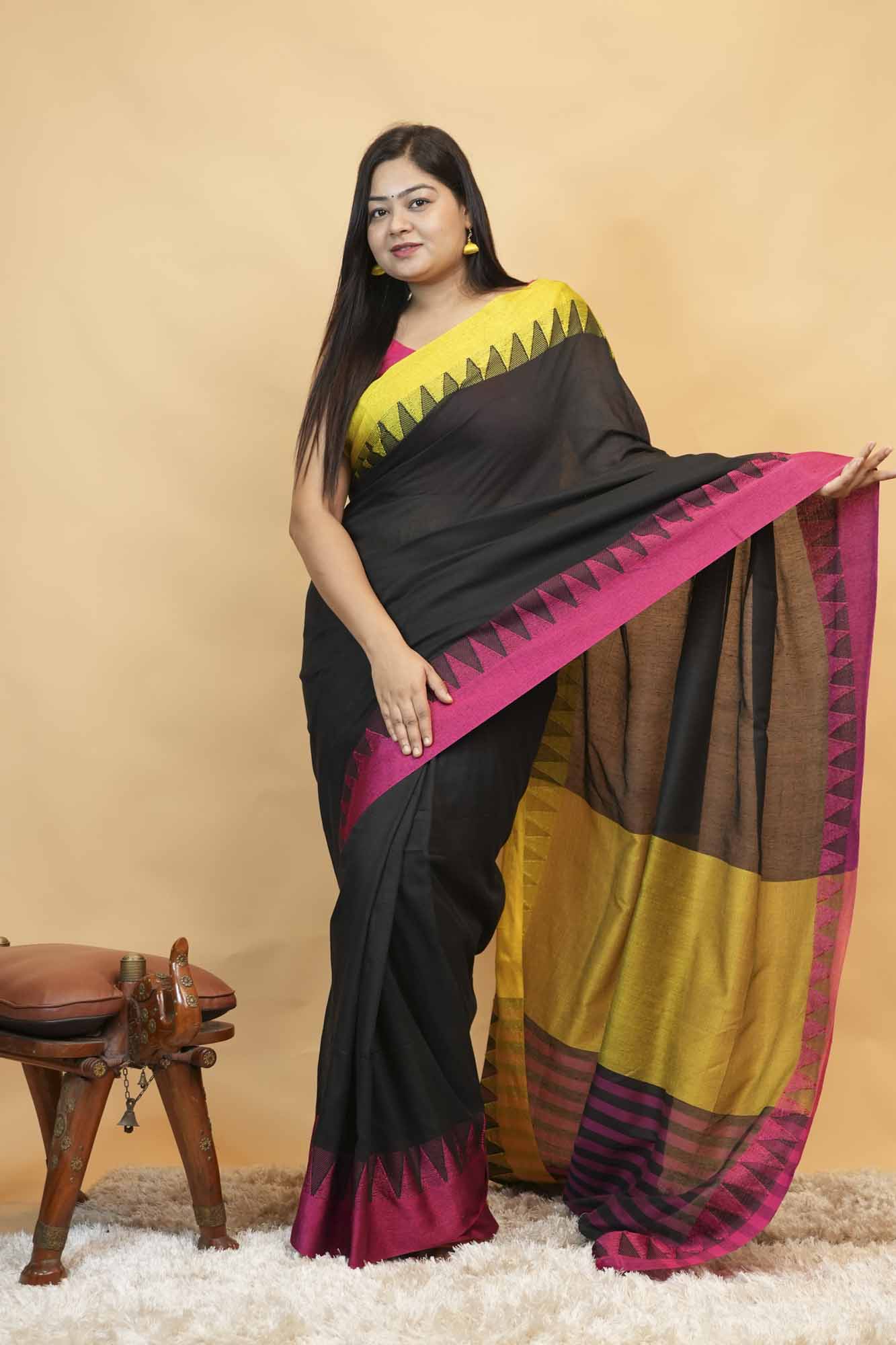 Elegant Black Cotton  with Contrast Pink & Yellow Woven Border Predrape Saree