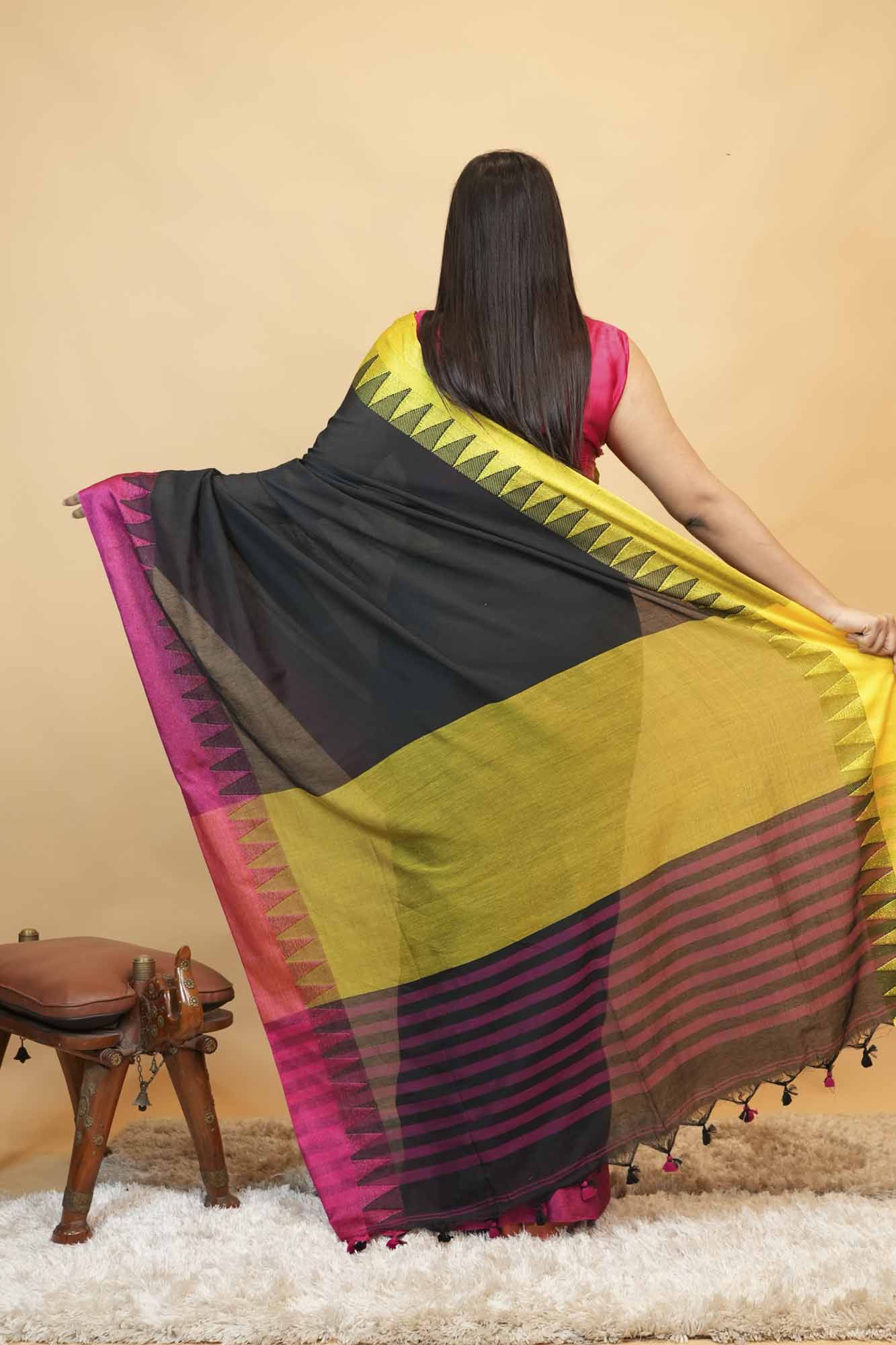 Elegant Black Cotton  with Contrast Pink & Yellow Woven Border Predrape Saree