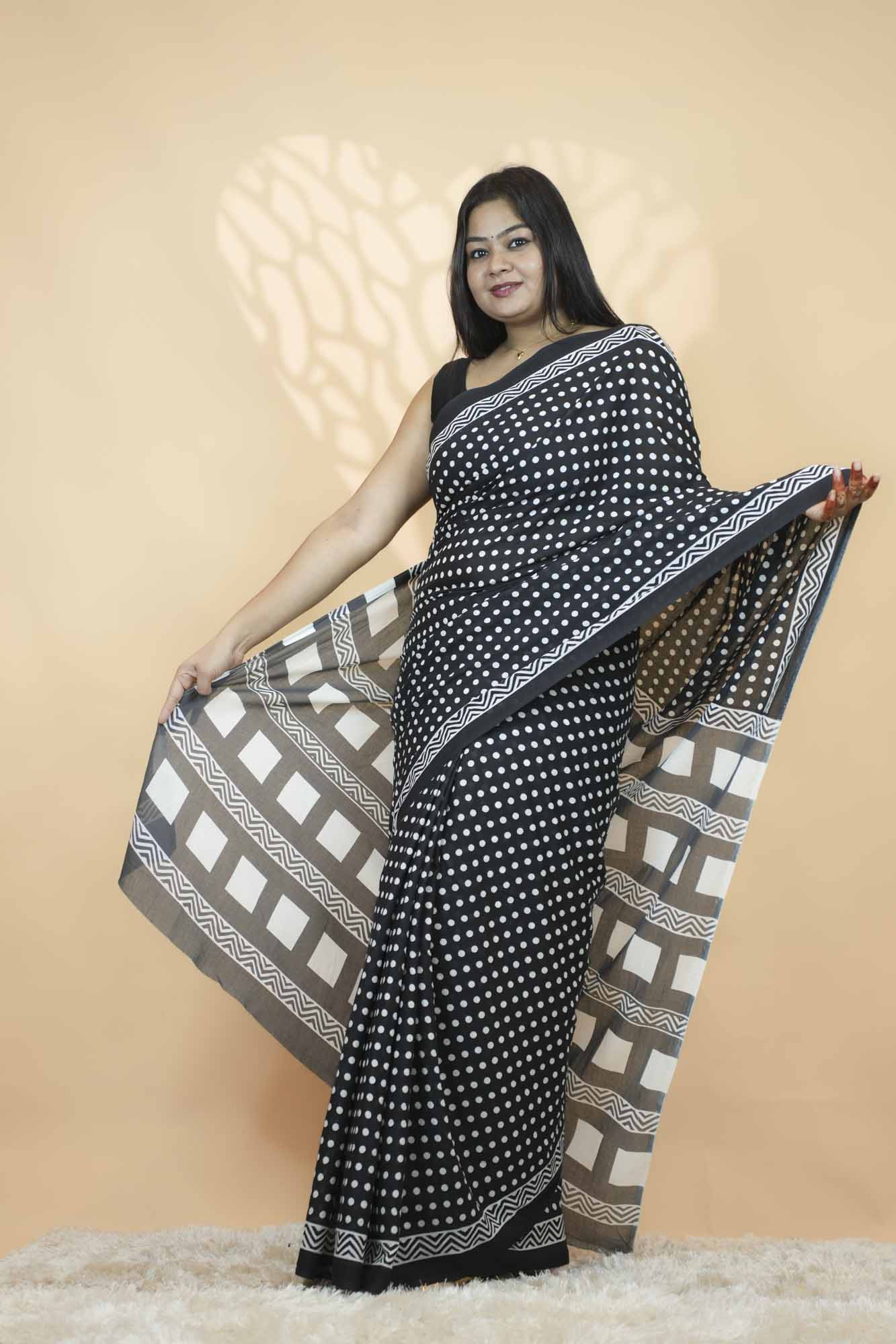 Black & White Polka Dot Printed  Ready To Wear Saree