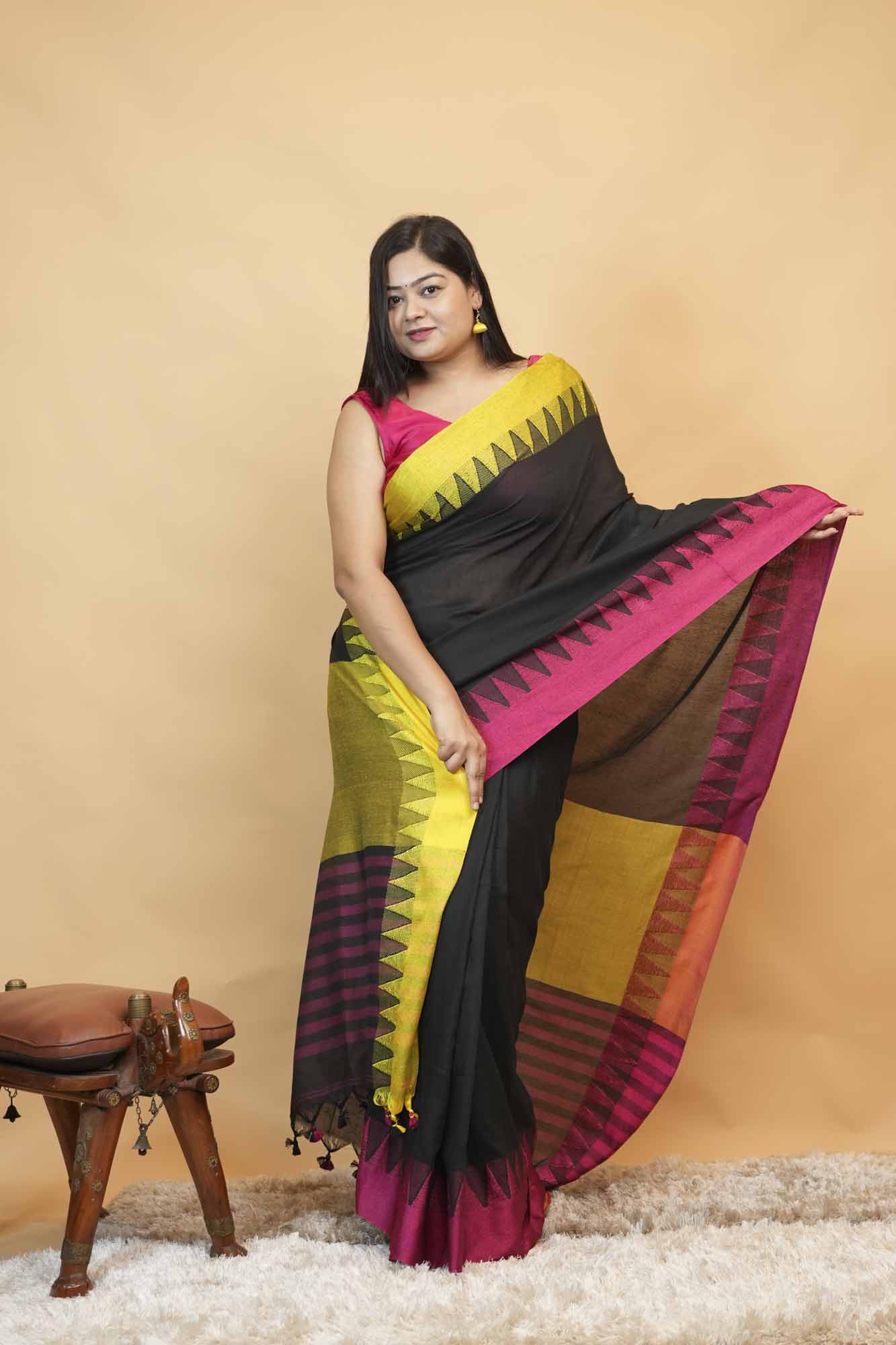Elegant Black Cotton  with Contrast Pink & Yellow Woven Border Predrape Saree