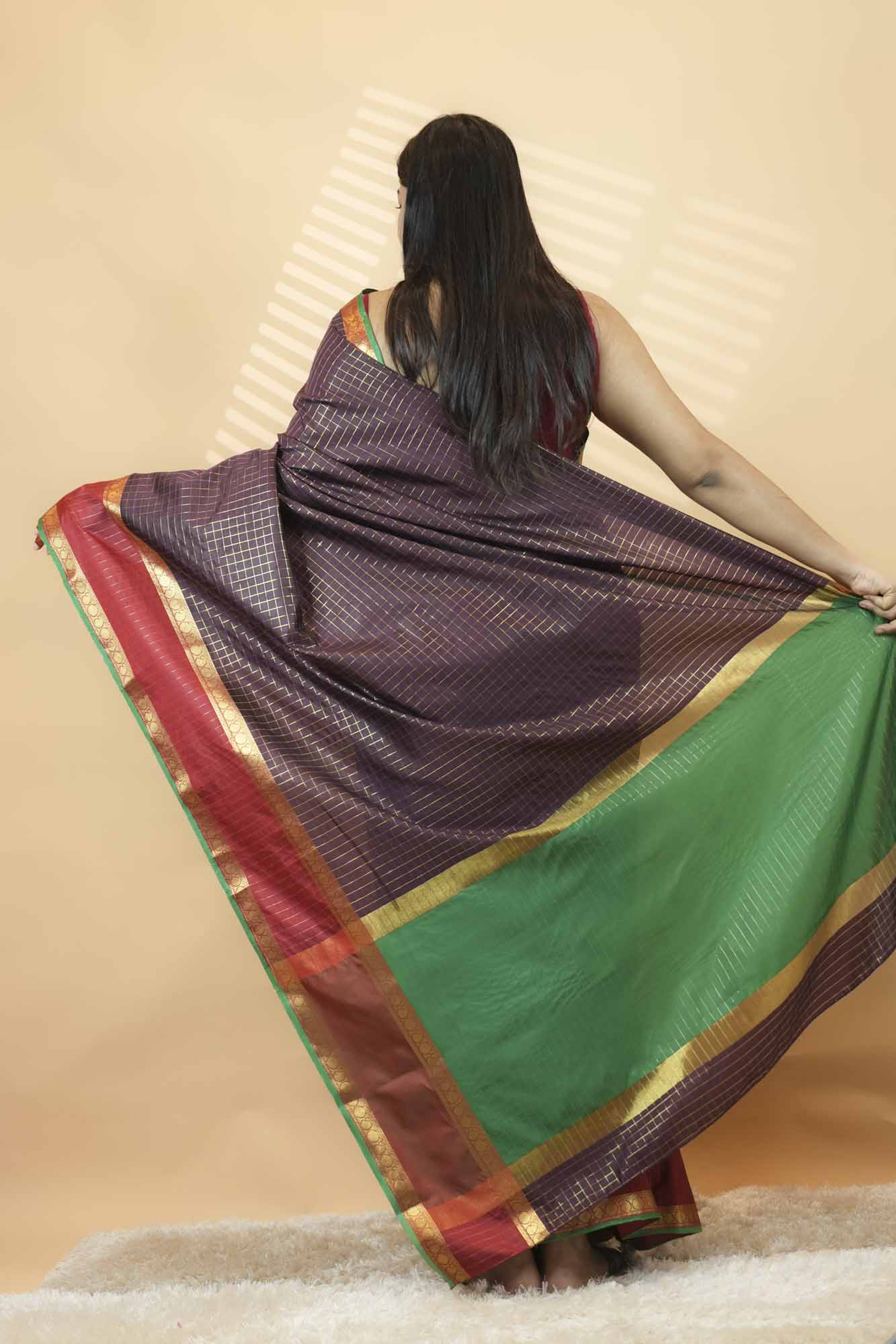 Maroon & Emerald Green Traditional Zari Border Silk Blend Ready To Wear  Saree