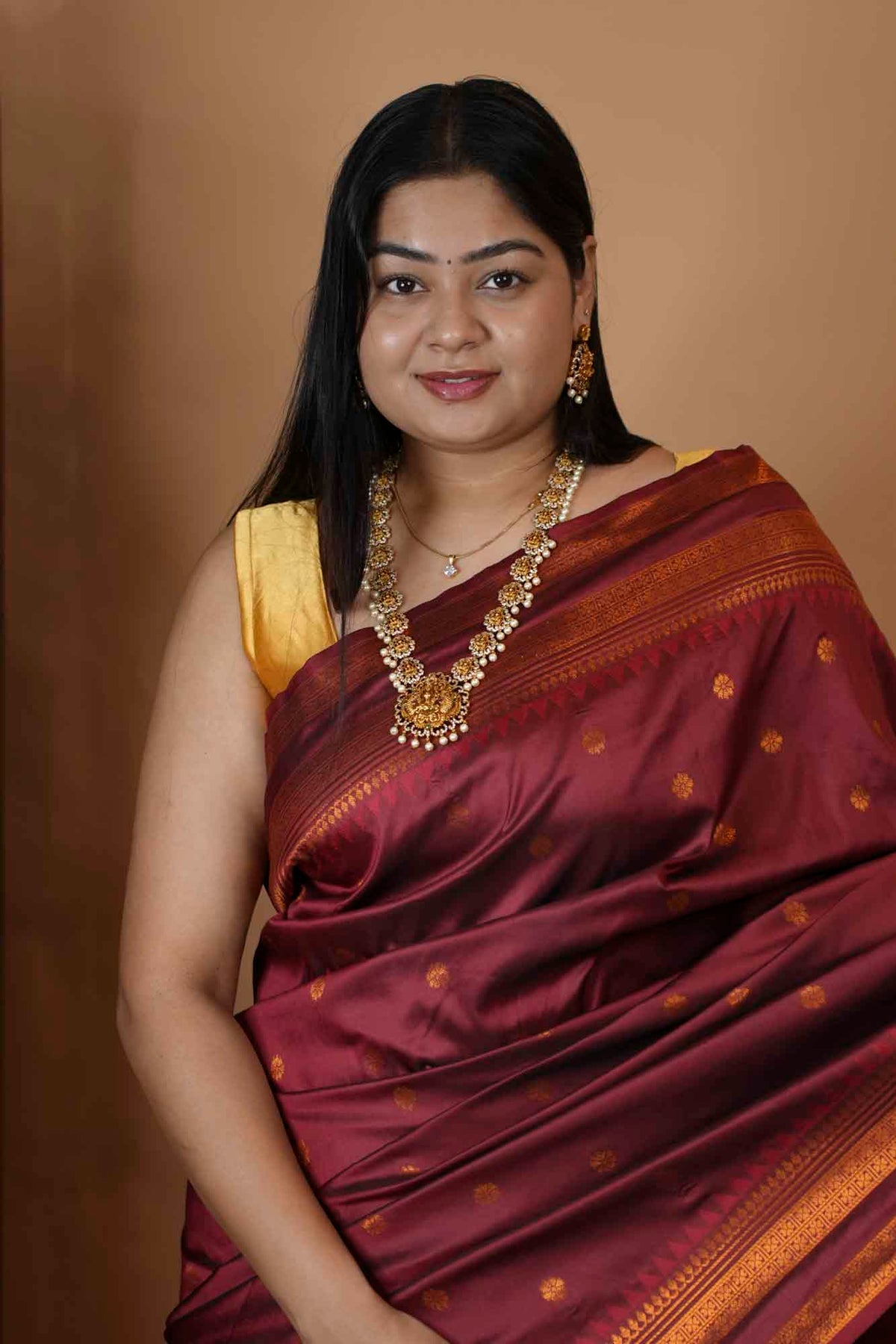 Silk  with Gold Zari Checks & Traditional Border Ready To Wear Saree