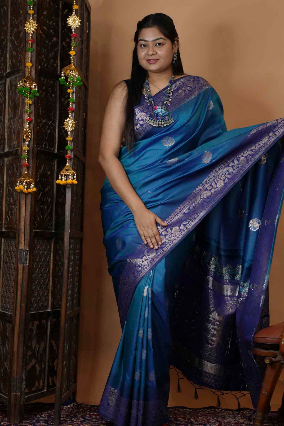 Teal Blue Woven Silk with Zari Peacock Border Ready To Wear Saree