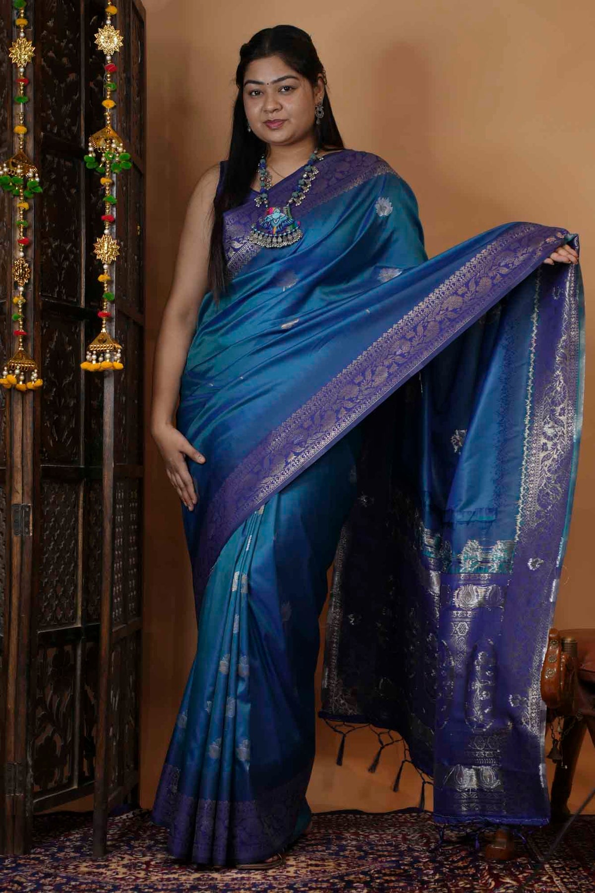 Teal Blue Woven Silk with Zari Peacock Border Ready To Wear Saree