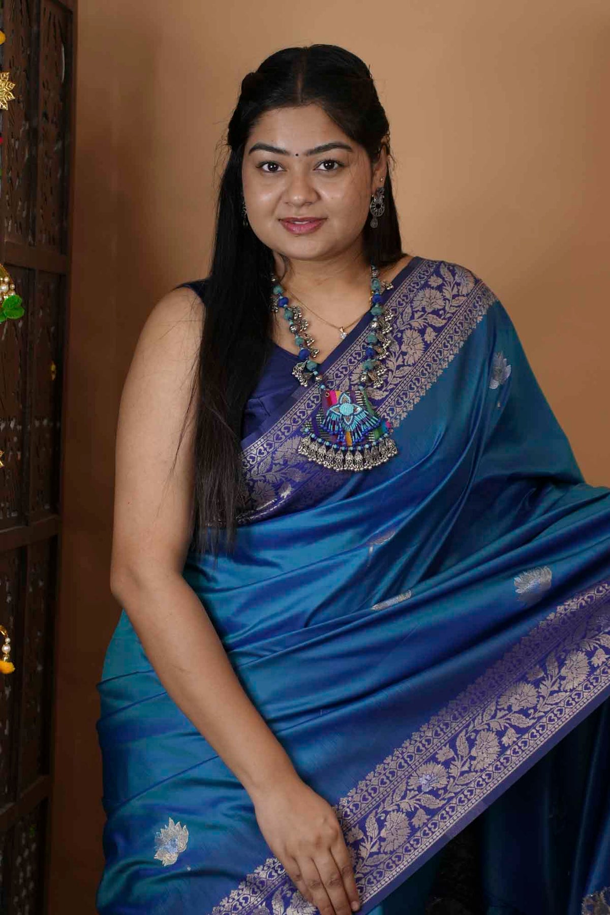 Teal Blue Woven Silk with Zari Peacock Border Ready To Wear Saree