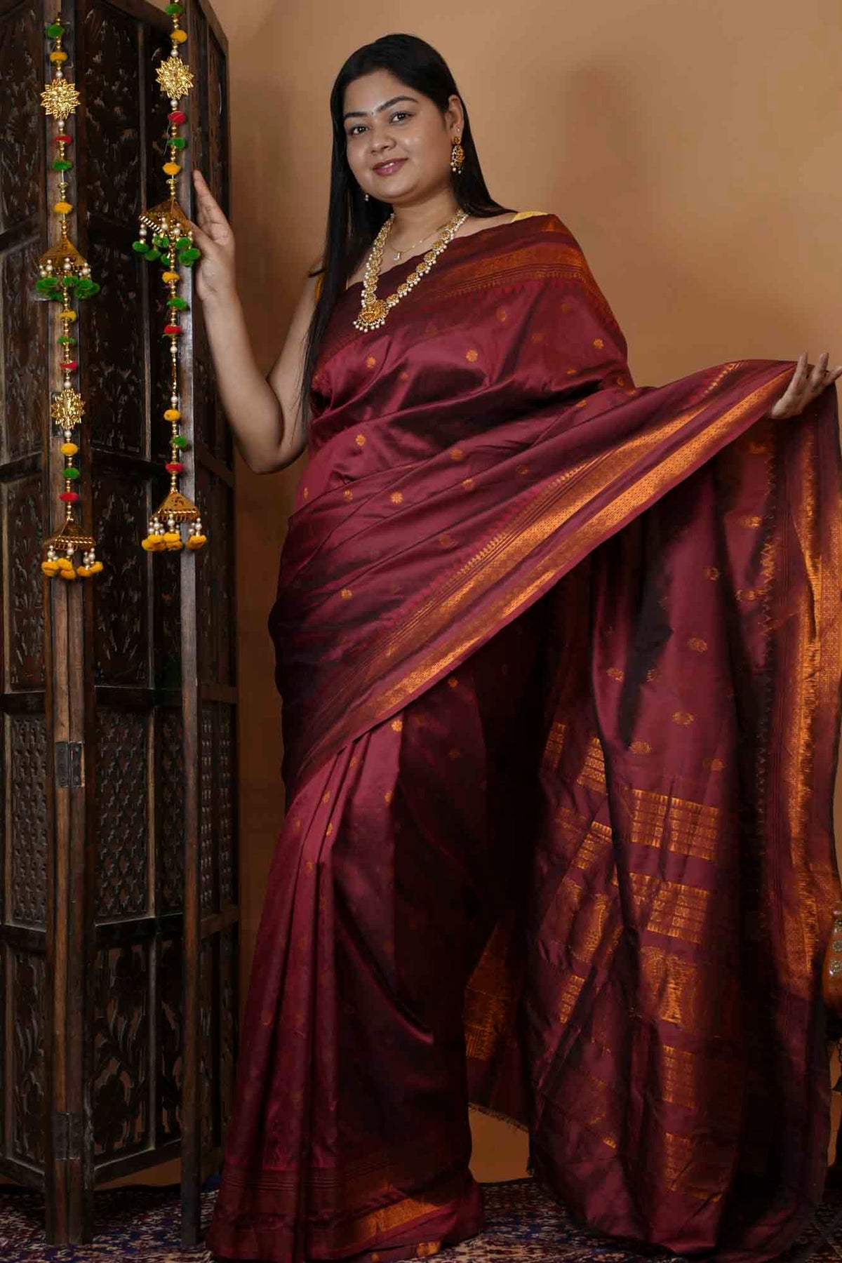 Silk  with Gold Zari Checks & Traditional Border Ready To Wear Saree