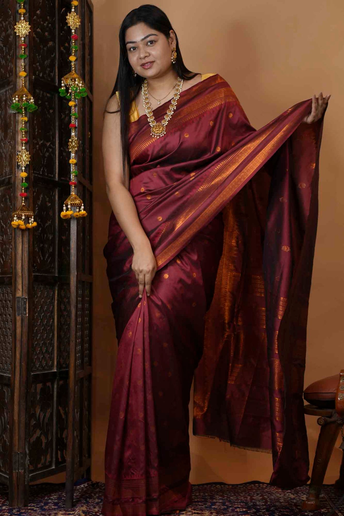 Silk  with Gold Zari Checks & Traditional Border Ready To Wear Saree