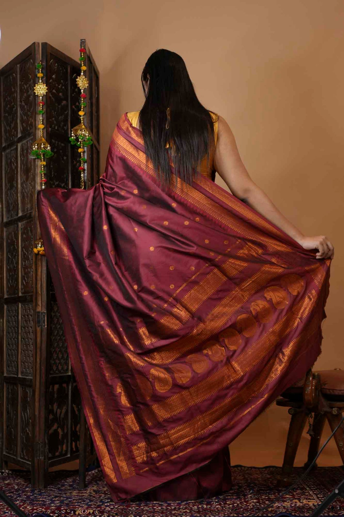 Silk  with Gold Zari Checks & Traditional Border Ready To Wear Saree