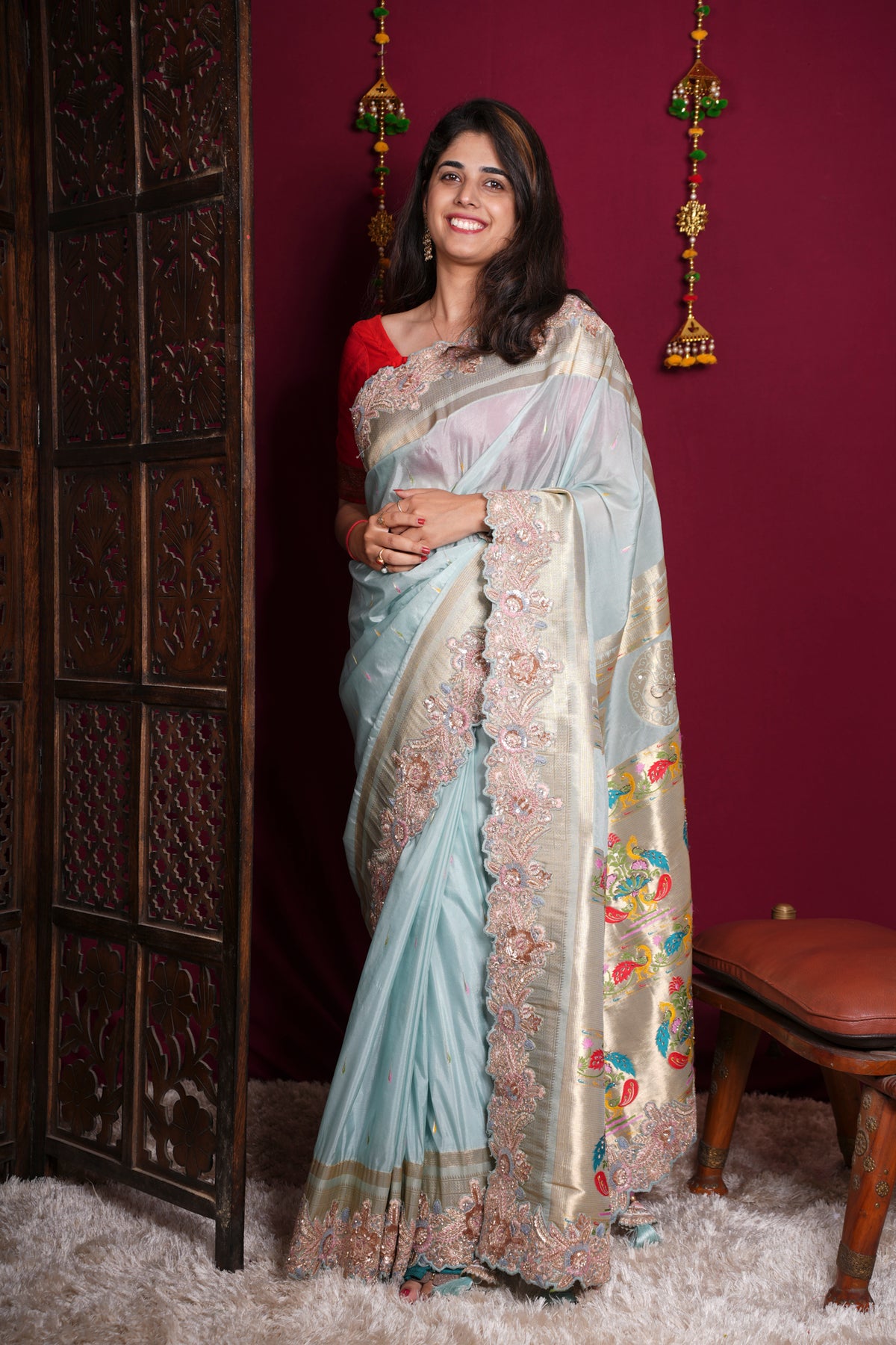 Exquisite Premium Satin Silk with Detail Resham Embroidery & Paithani Pallu Ready To Wear Saree