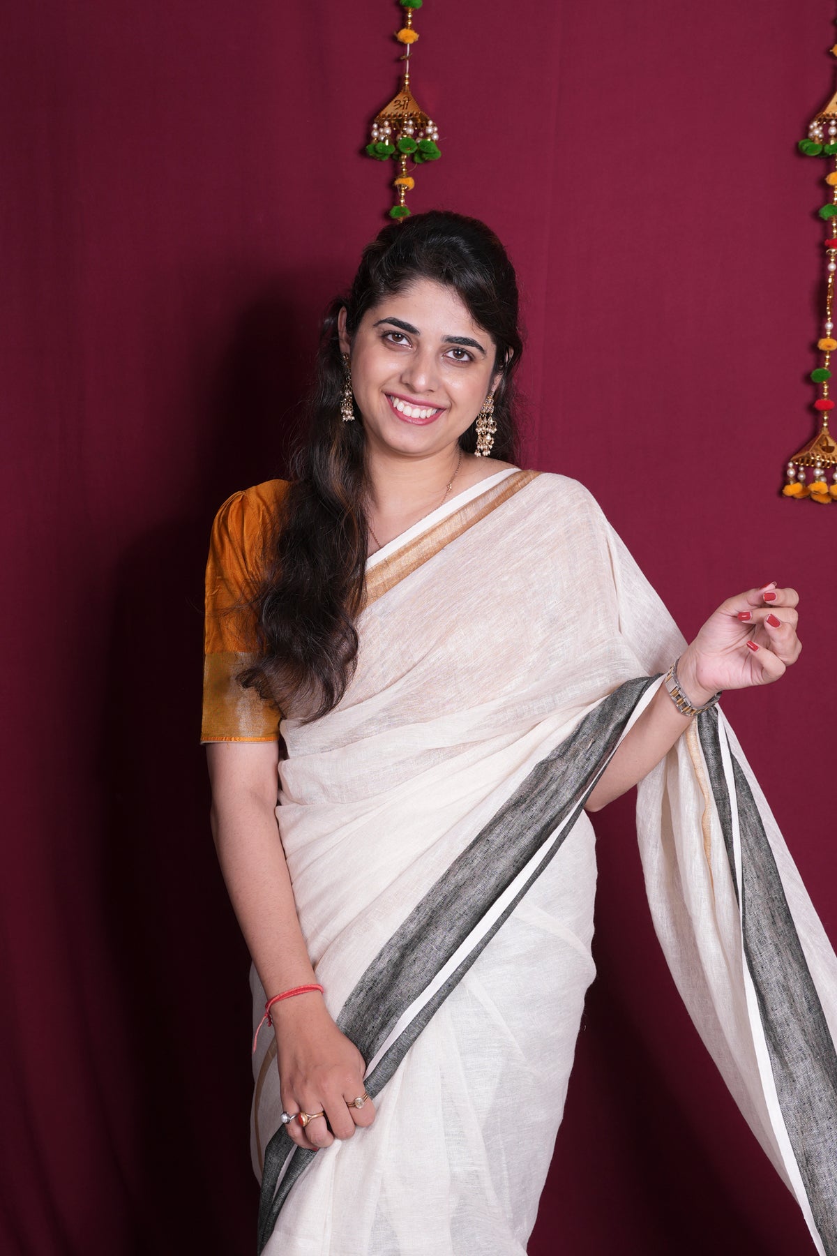 Off-White Linen  with Black & Golden Contrast  Border   Ready To Wear Saree