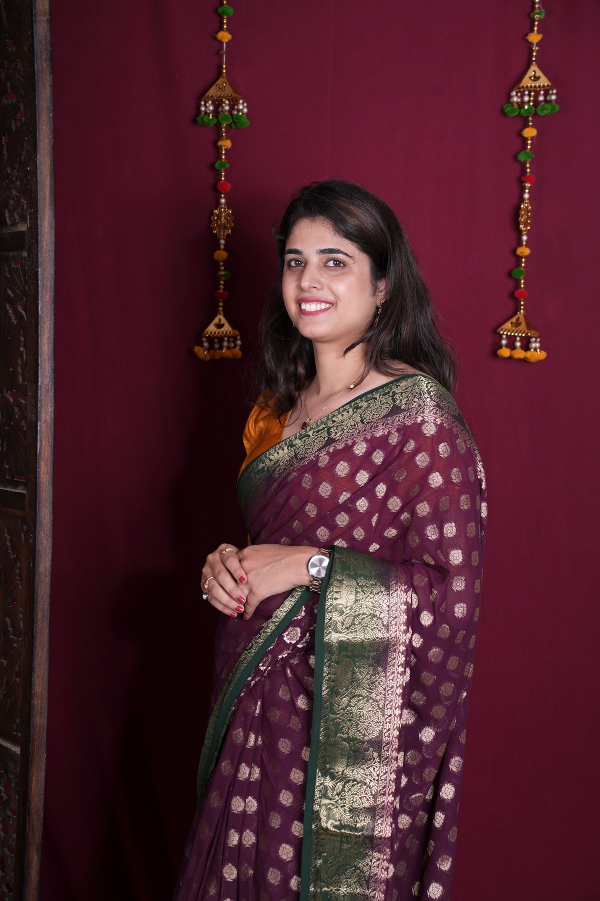 Wine Purple Zari Woven Georgette Silk Saree with Rich Green Border Ready To Wear Saree