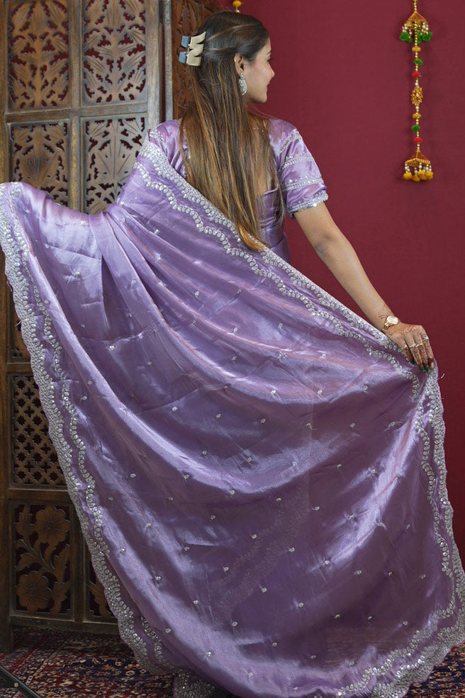 Lavender Traditional Sequin & Zari Embroidered With Pure Crystal Silk Chiffon silk Wrap in 1 minute saree