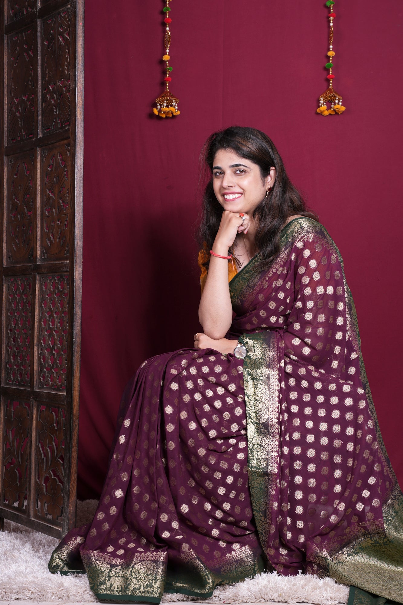 Wine Purple Zari Woven Georgette Silk Saree with Rich Green Border Ready To Wear Saree