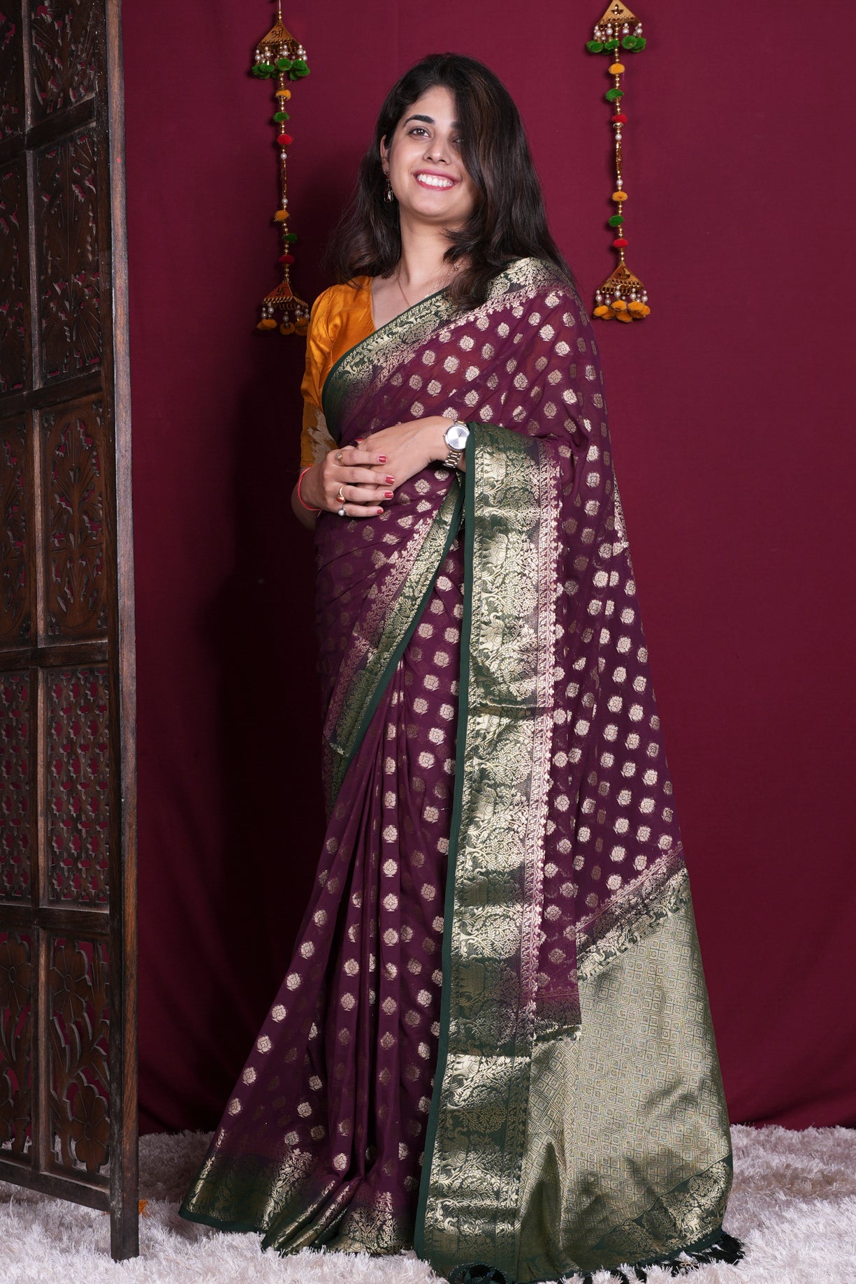 Wine Purple Zari Woven Georgette Silk Saree with Rich Green Border Ready To Wear Saree