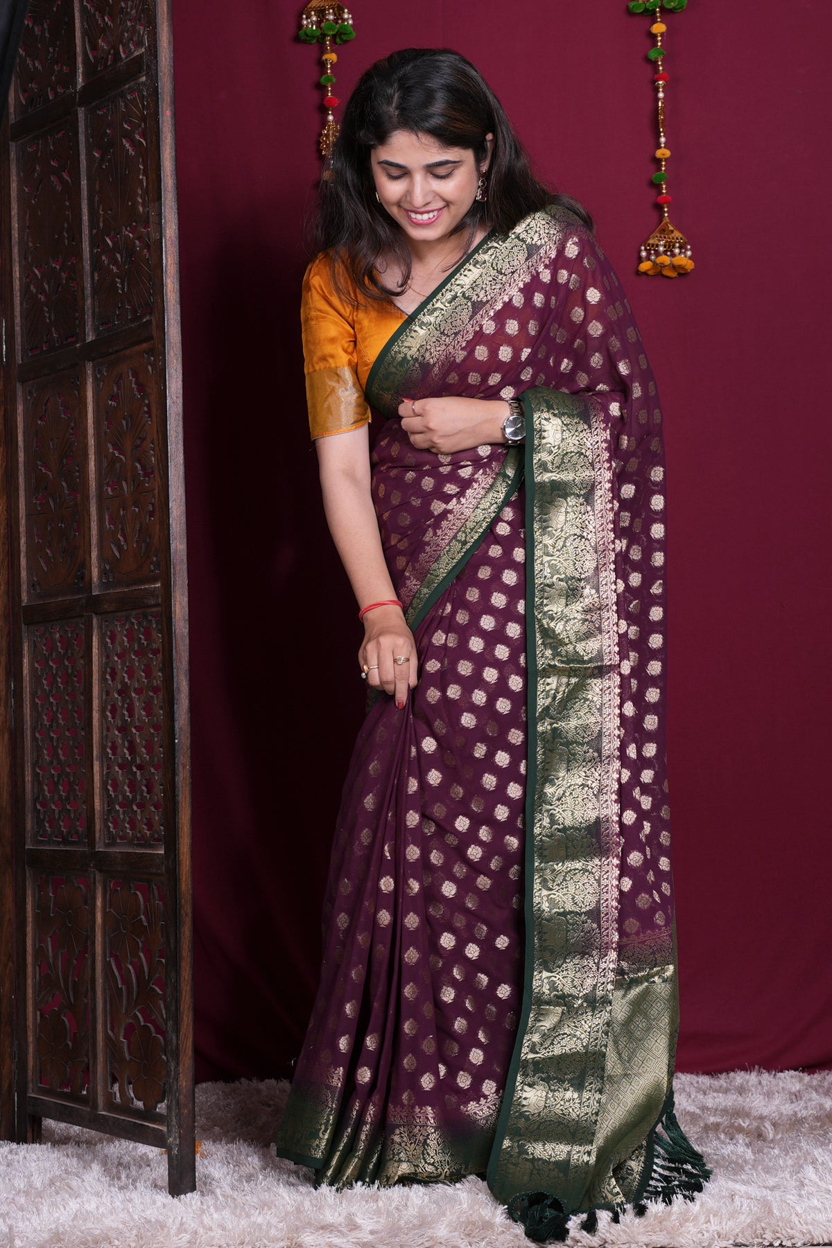 Wine Purple Zari Woven Georgette Silk Saree with Rich Green Border Ready To Wear Saree