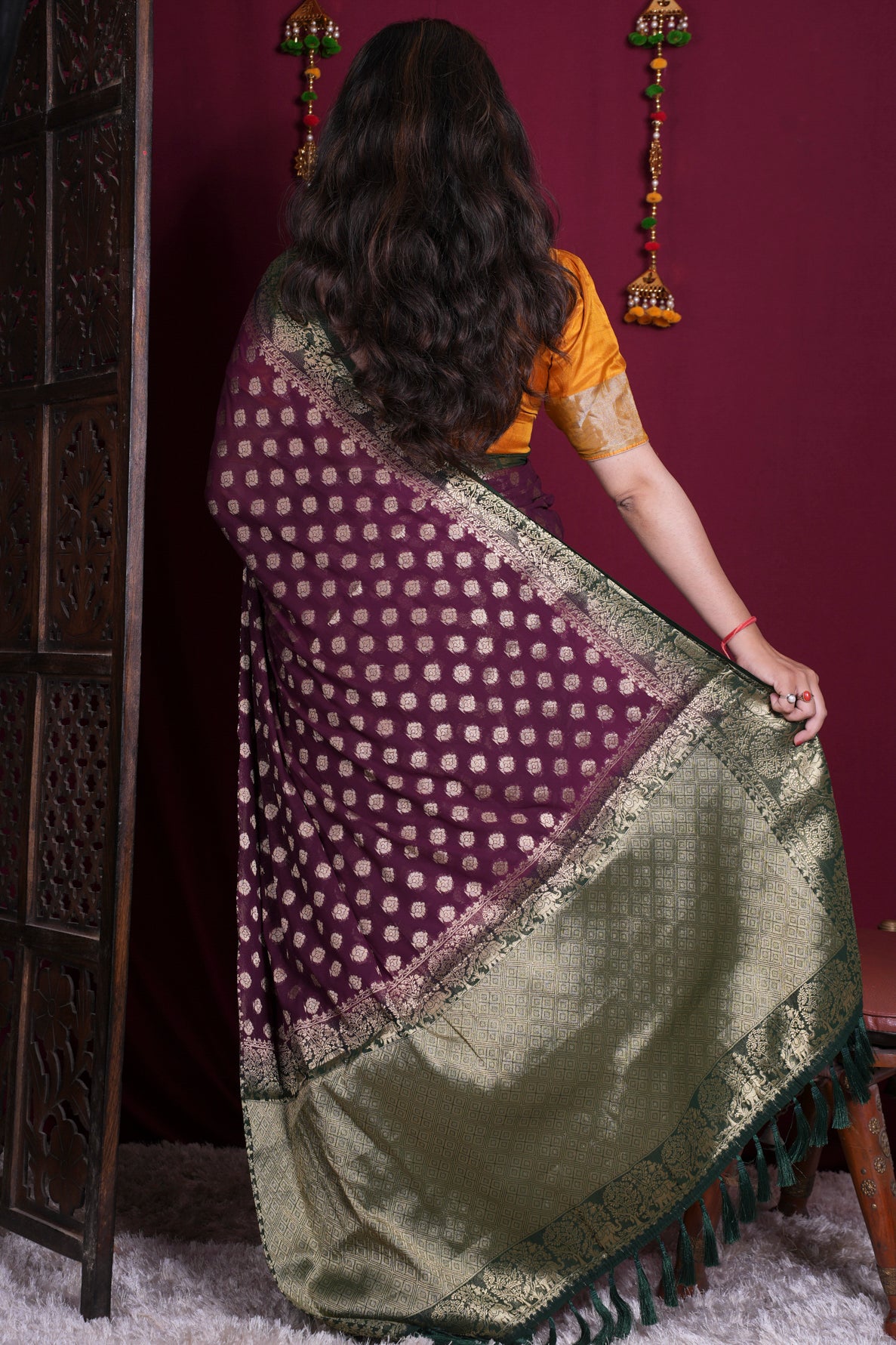 Wine Purple Zari Woven Georgette Silk Saree with Rich Green Border Ready To Wear Saree