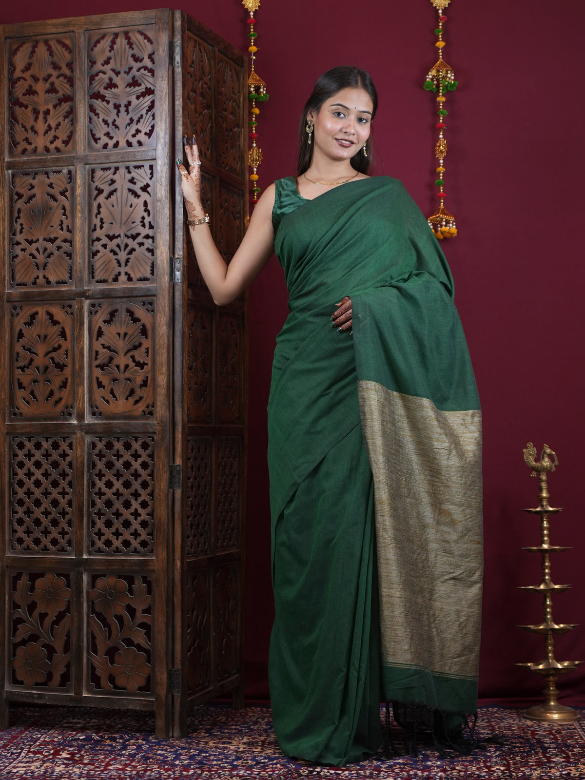 Bottle Green Handloom with Antique Gold pallu  Ready To Wear Saree