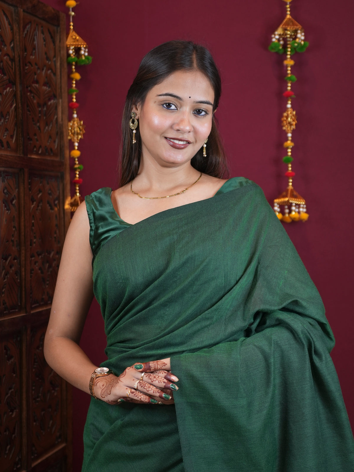 Bottle Green Handloom with Antique Gold pallu  Ready To Wear Saree