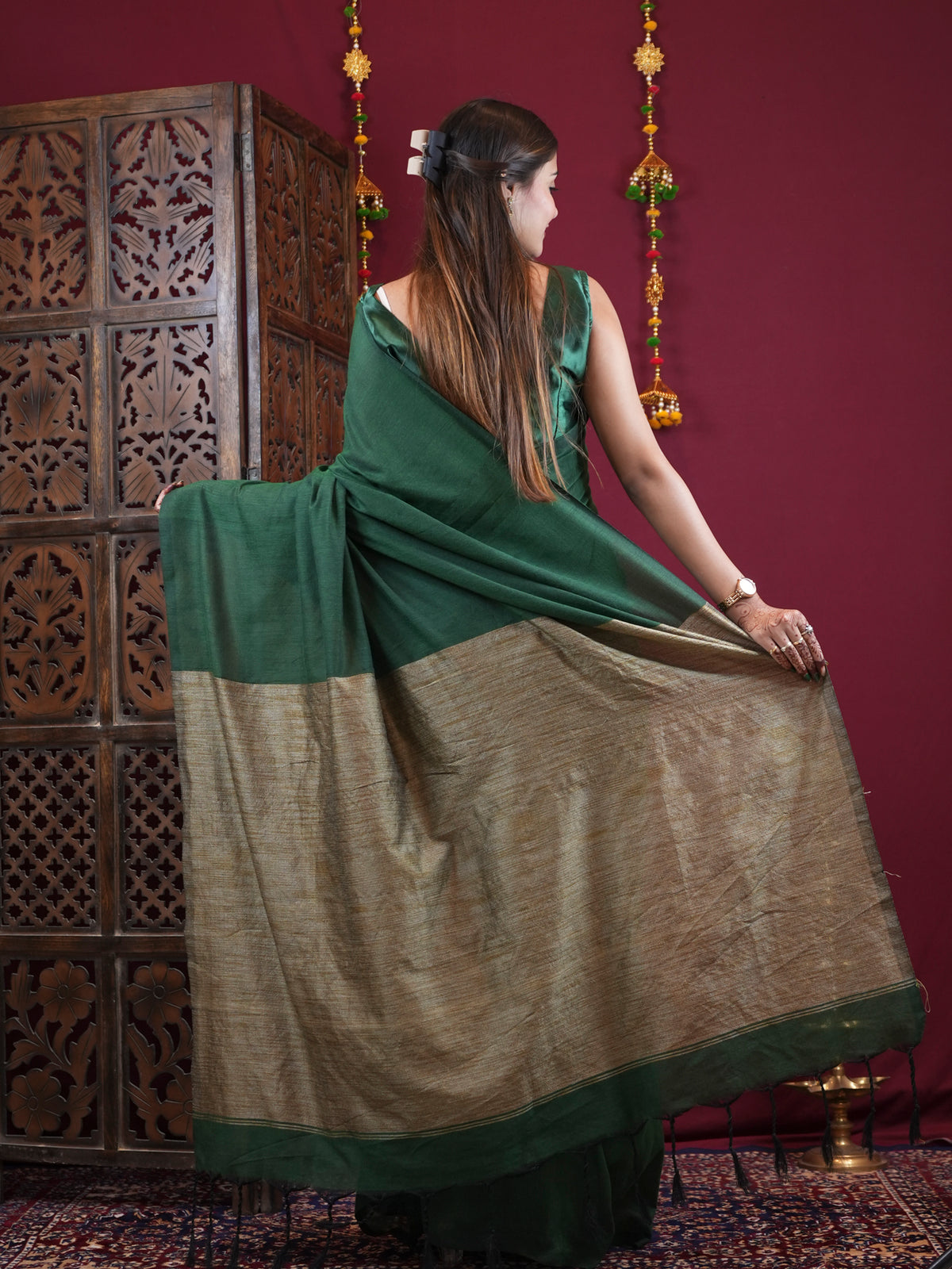 Bottle Green Handloom with Antique Gold pallu  Ready To Wear Saree