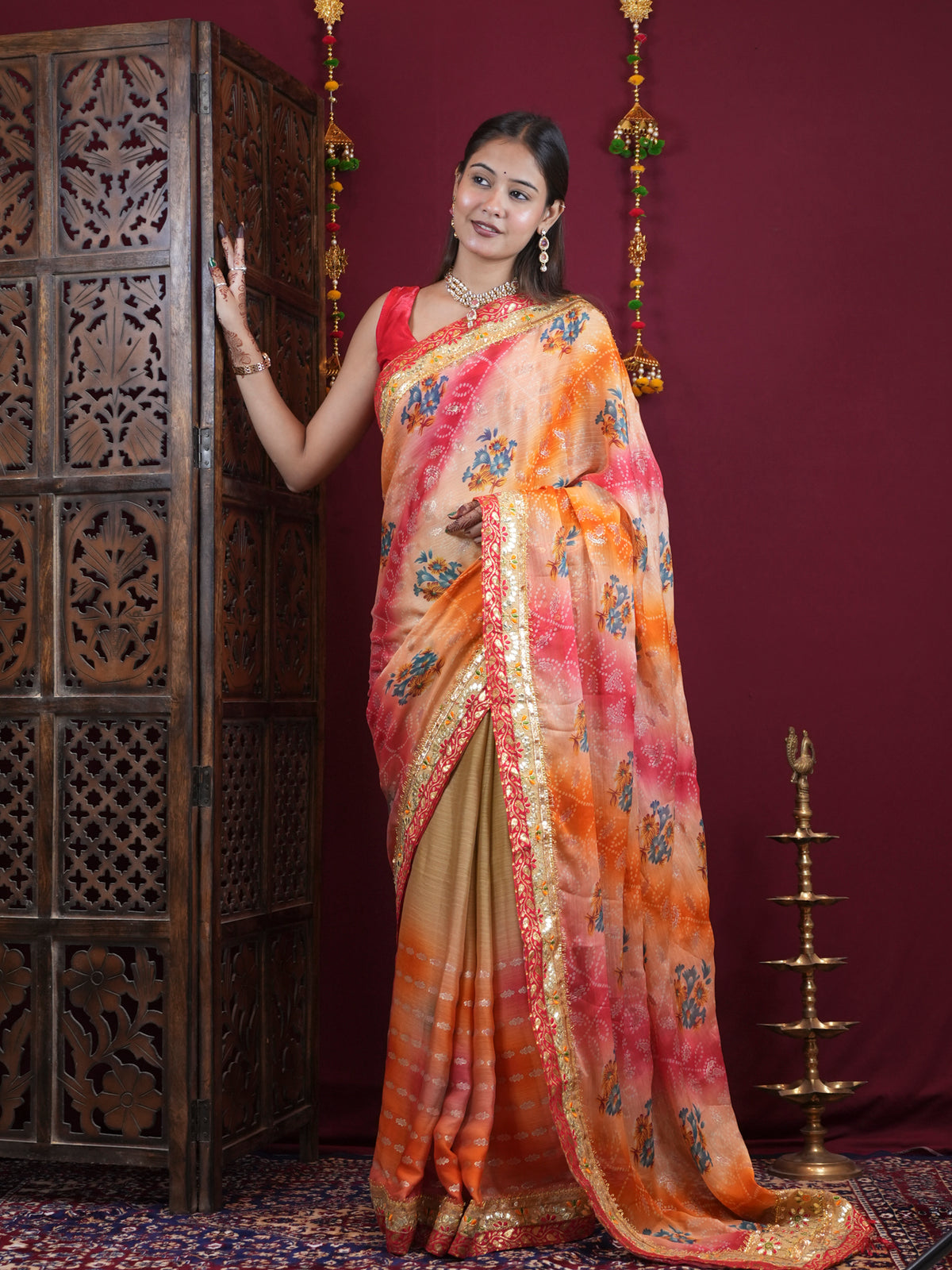 Peach & Coral Floral Printed Georgette  with Embellished Border Ready To Wear Saree