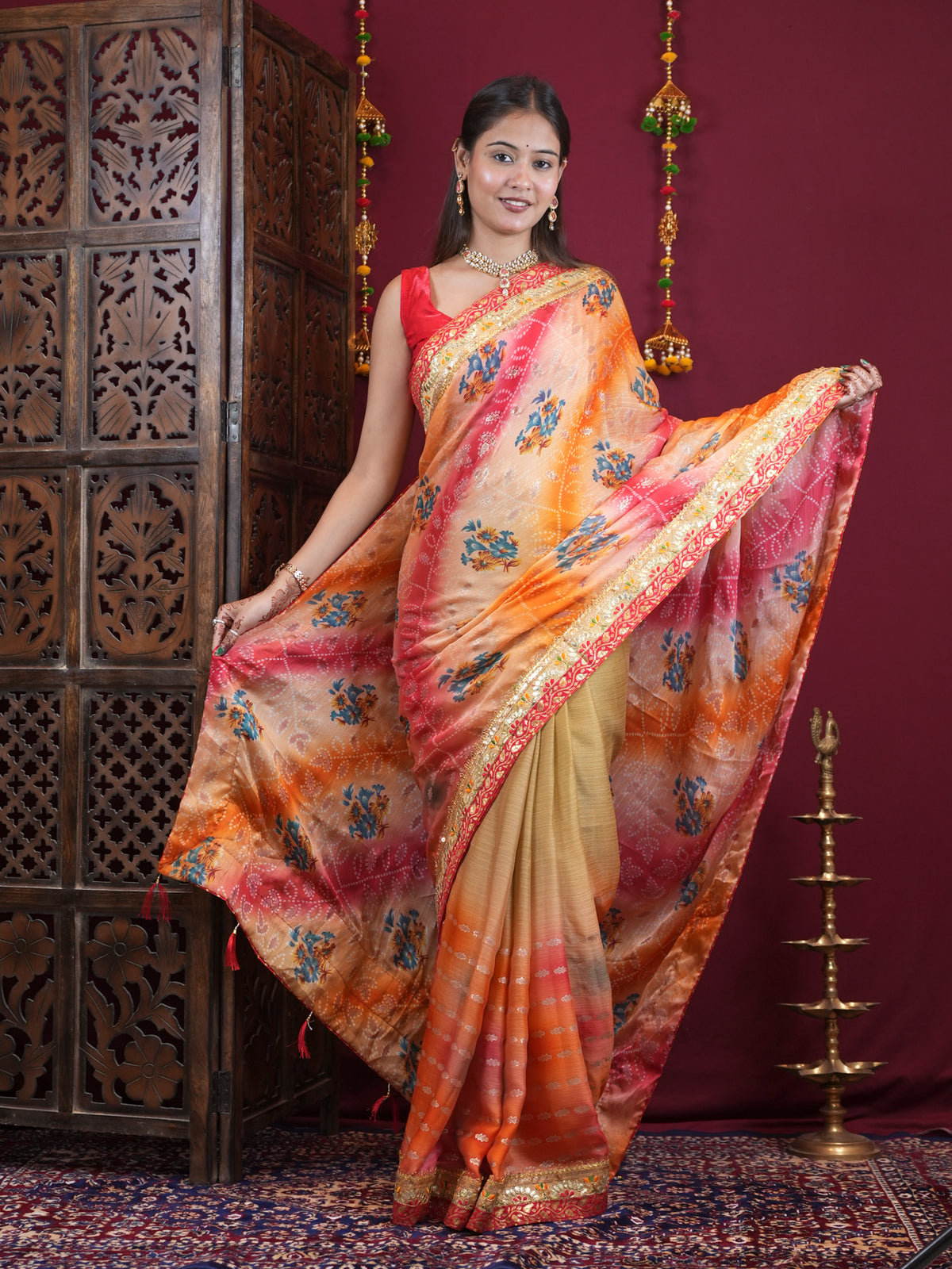Peach & Coral Floral Printed Georgette  with Embellished Border Ready To Wear Saree