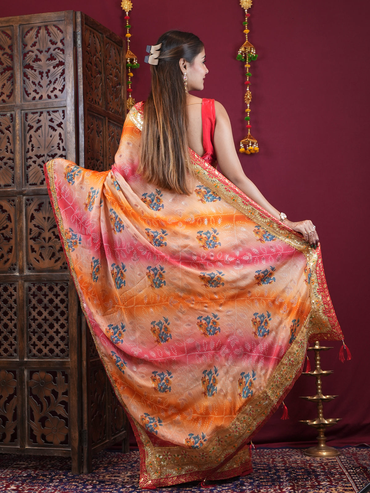 Peach & Coral Floral Printed Georgette  with Embellished Border Ready To Wear Saree