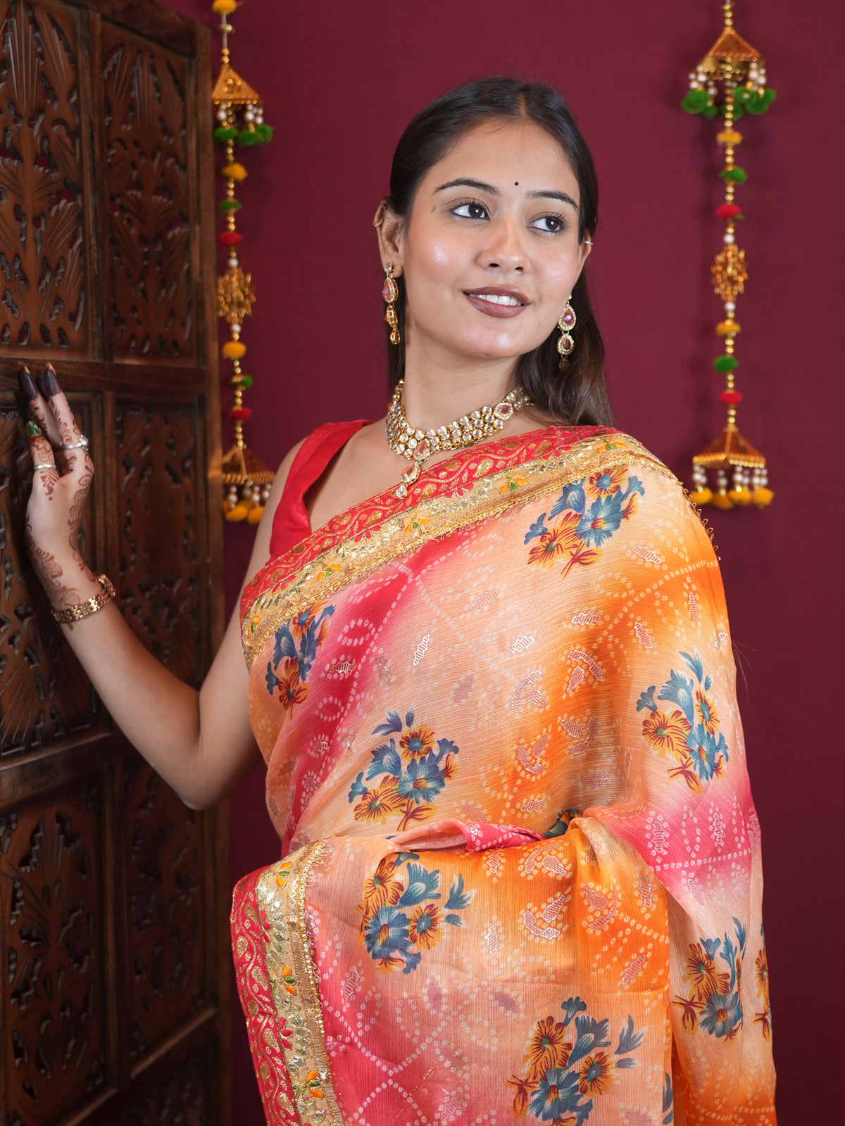 Peach & Coral Floral Printed Georgette  with Embellished Border Ready To Wear Saree