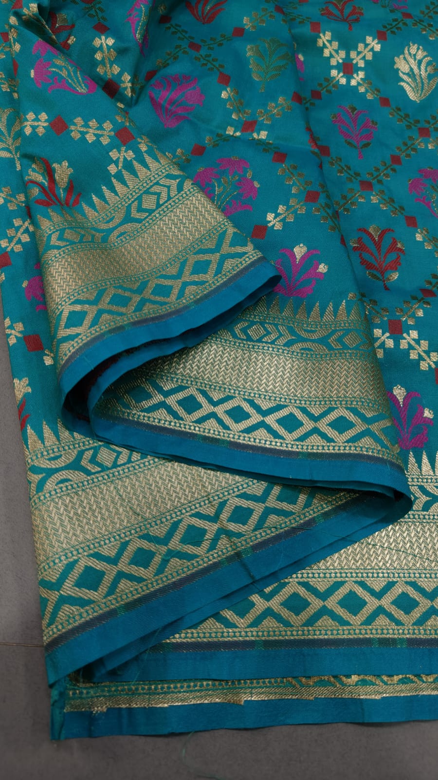 Teal Moroccan Jaal on Semi Silk Saree with Meenakari Buttas and Zari Border | SHOBITAM