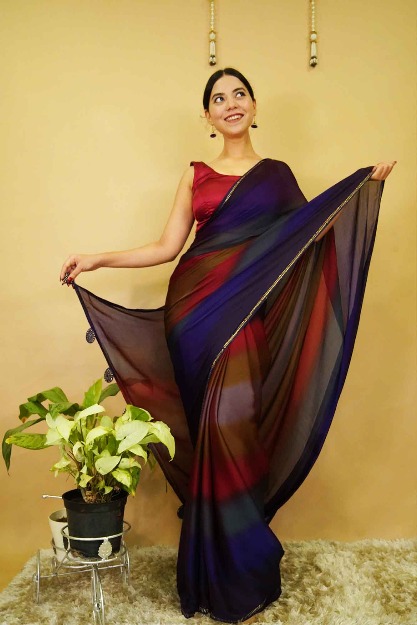 Stylish Colourblocked Soft Chiffon with Stone Sequin Lace and Tassels Pallu Wrap in 1 minute saree