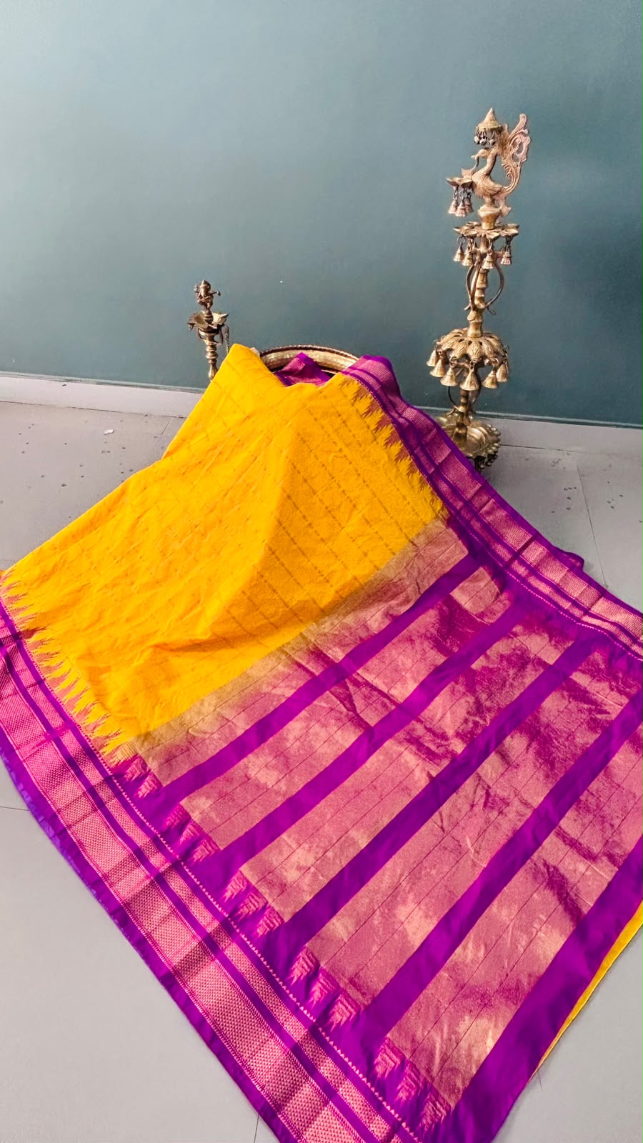Mustard Yellow  Ilkal Weave Mercerized Cotton Bagalkote Saree with Zari Checks and Contrast Zari Border | SHOBITAM