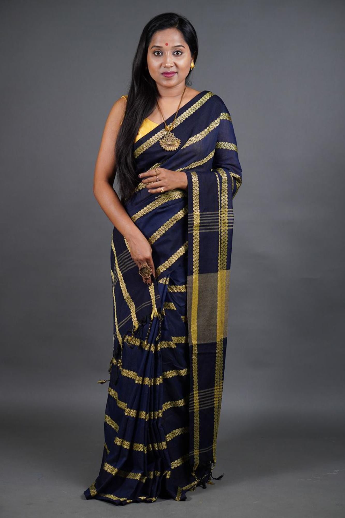 Traditional Naksha Weave Blue With Golden Thread Overall With Tassels On Pallu Pre Drape Saree