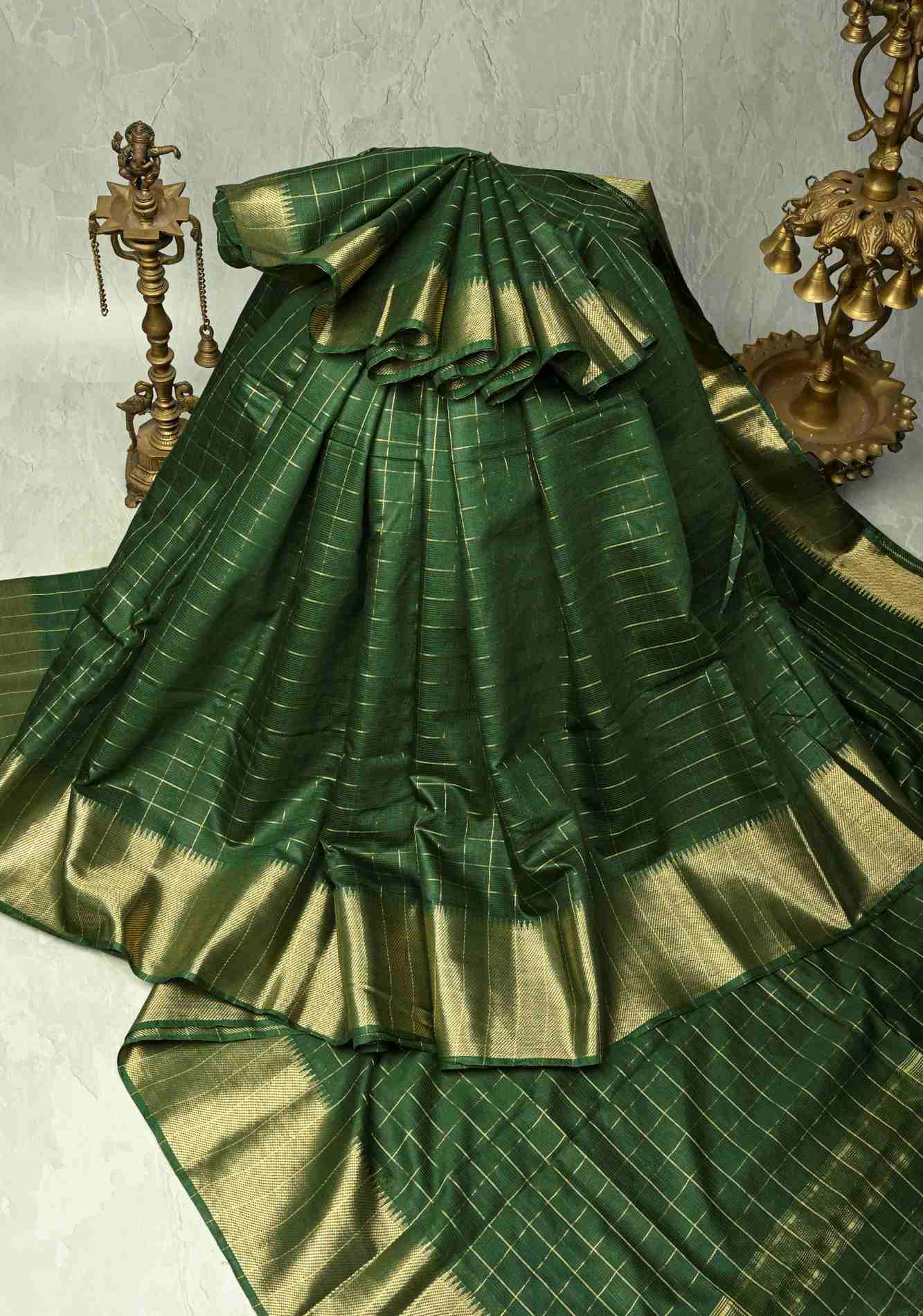 Bottle Green Semi Tussar Saree with Zari Checks and Zari Border Ready To Wear Saree