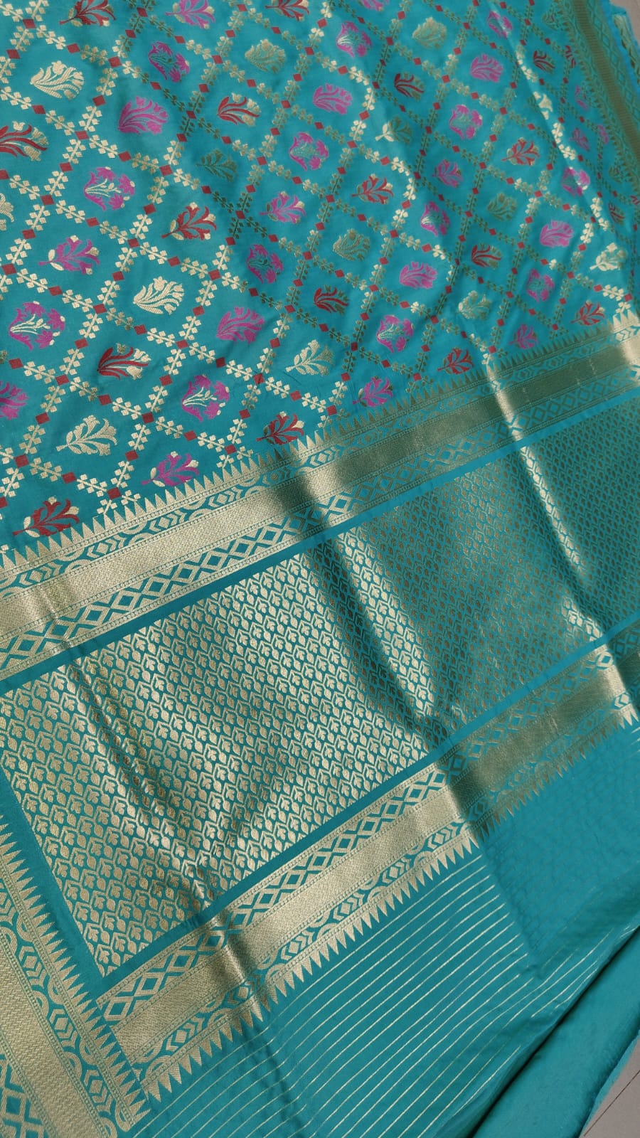 Teal Moroccan Jaal on Semi Silk Saree with Meenakari Buttas and Zari Border | SHOBITAM