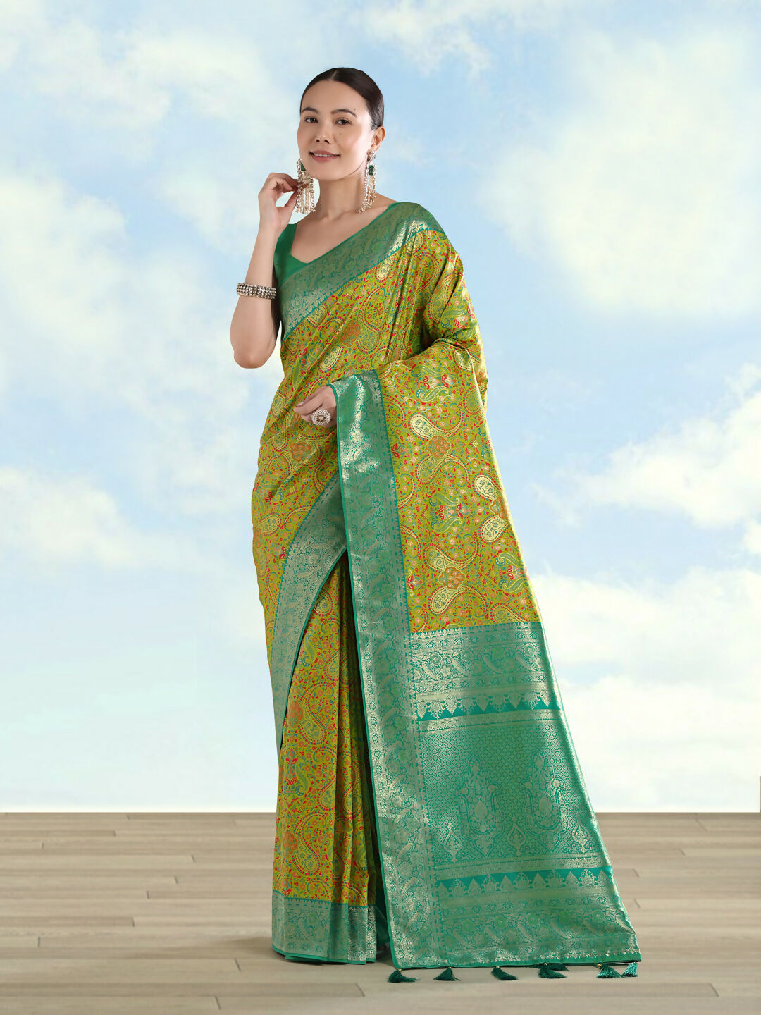 Lemon Green Banarasi Semi Silk Saree With Traditional Paisley Weaves | Shobitam