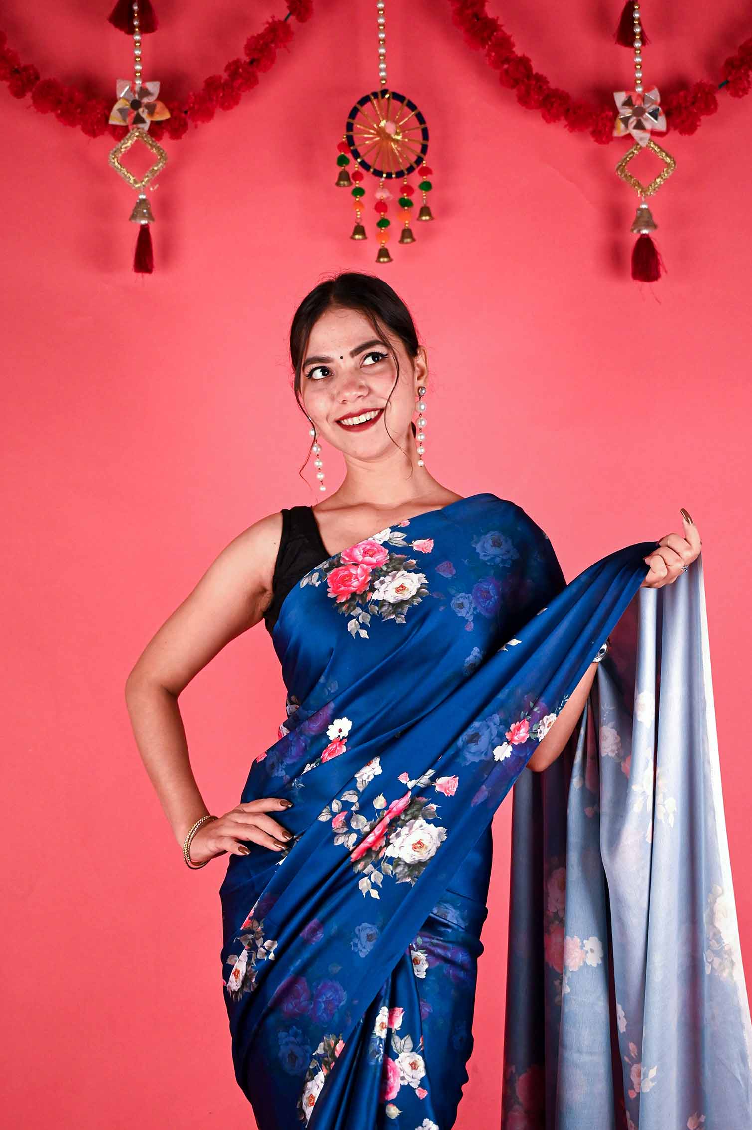 Ready To Wear Floss Japan Satin Navy Blue Floral Printed   Wrap in 1 minute saree - Isadora Life
