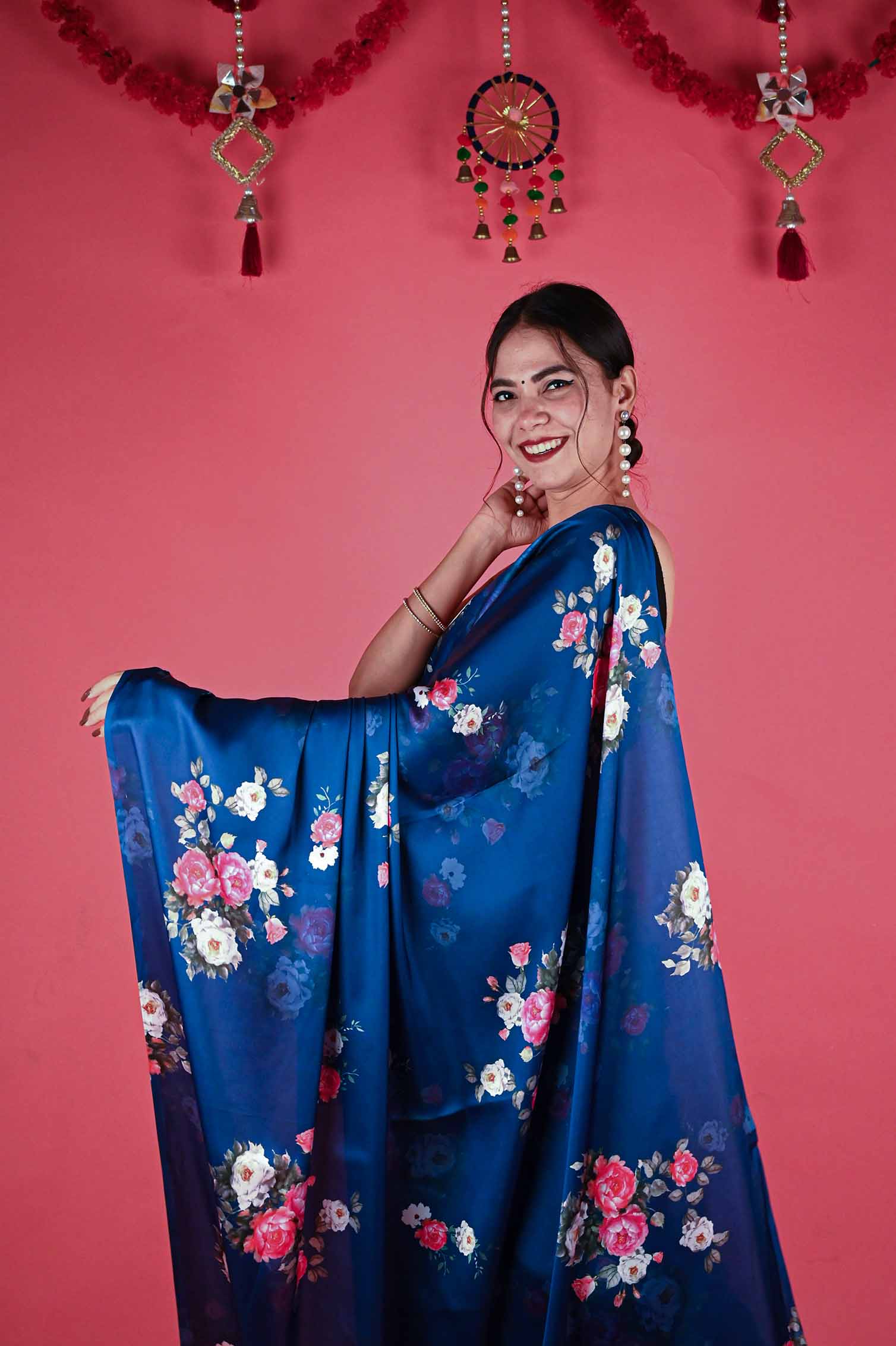 Ready To Wear Floss Japan Satin Navy Blue Floral Printed   Wrap in 1 minute saree - Isadora Life