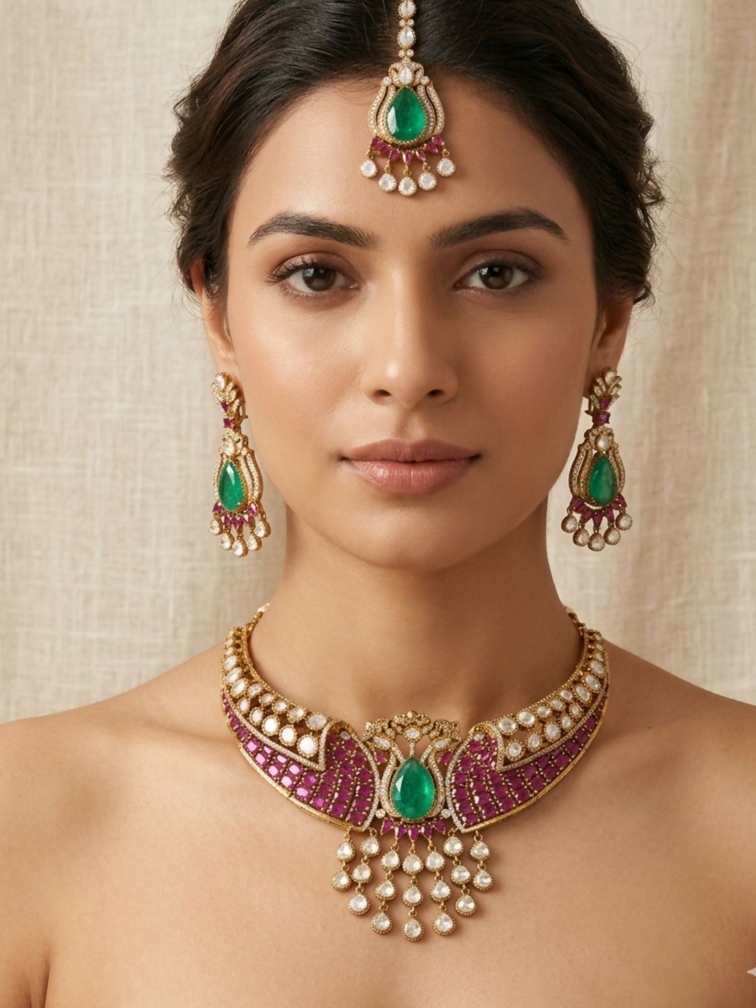 Elegant Kundan & Emerald Teardrop Choker Set with Maang Tikka | shobitam