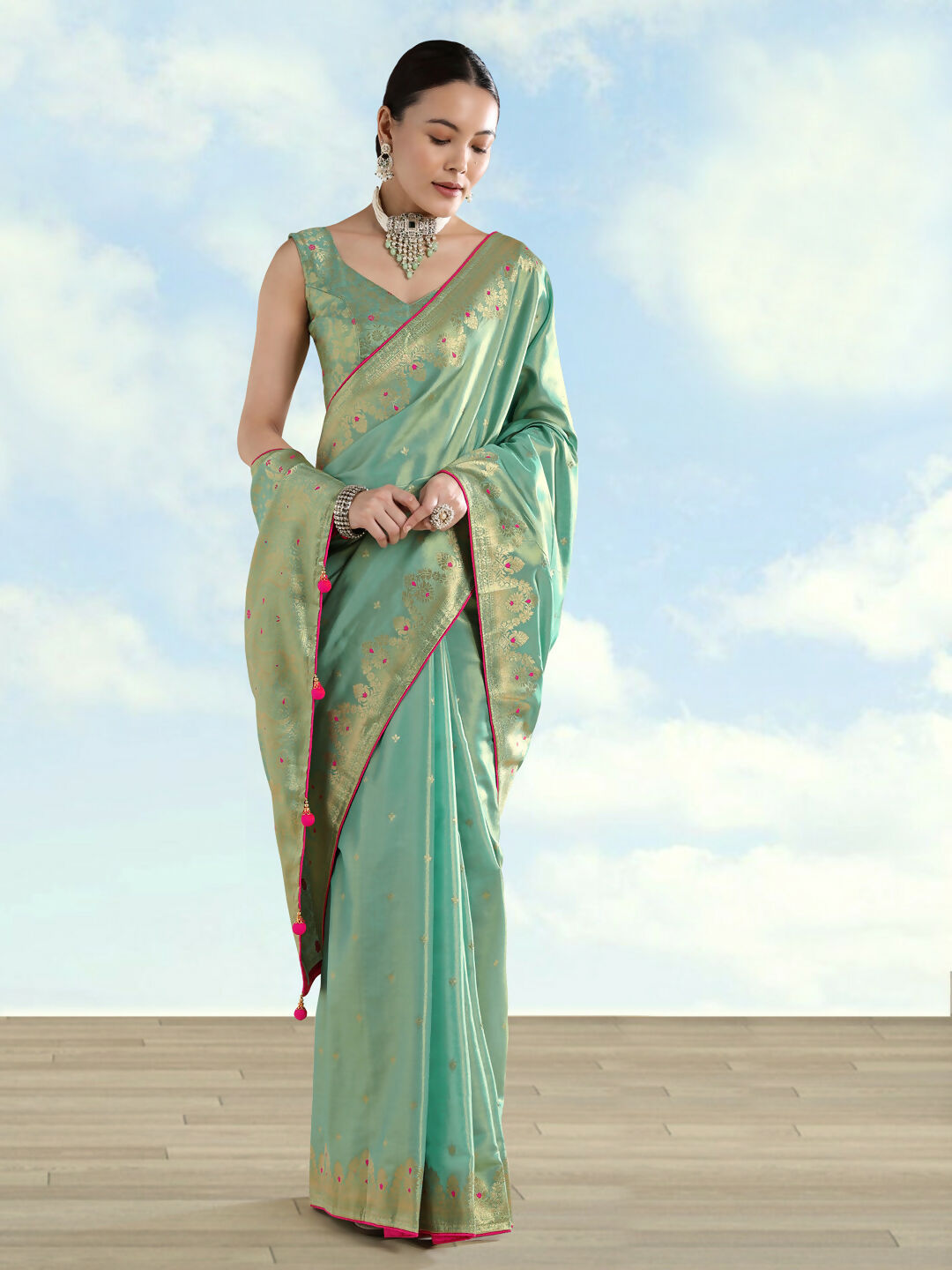 Light Blue Color Paisley Zari Woven Semi Banarasi Tissue Silk Saree  | Shobitam