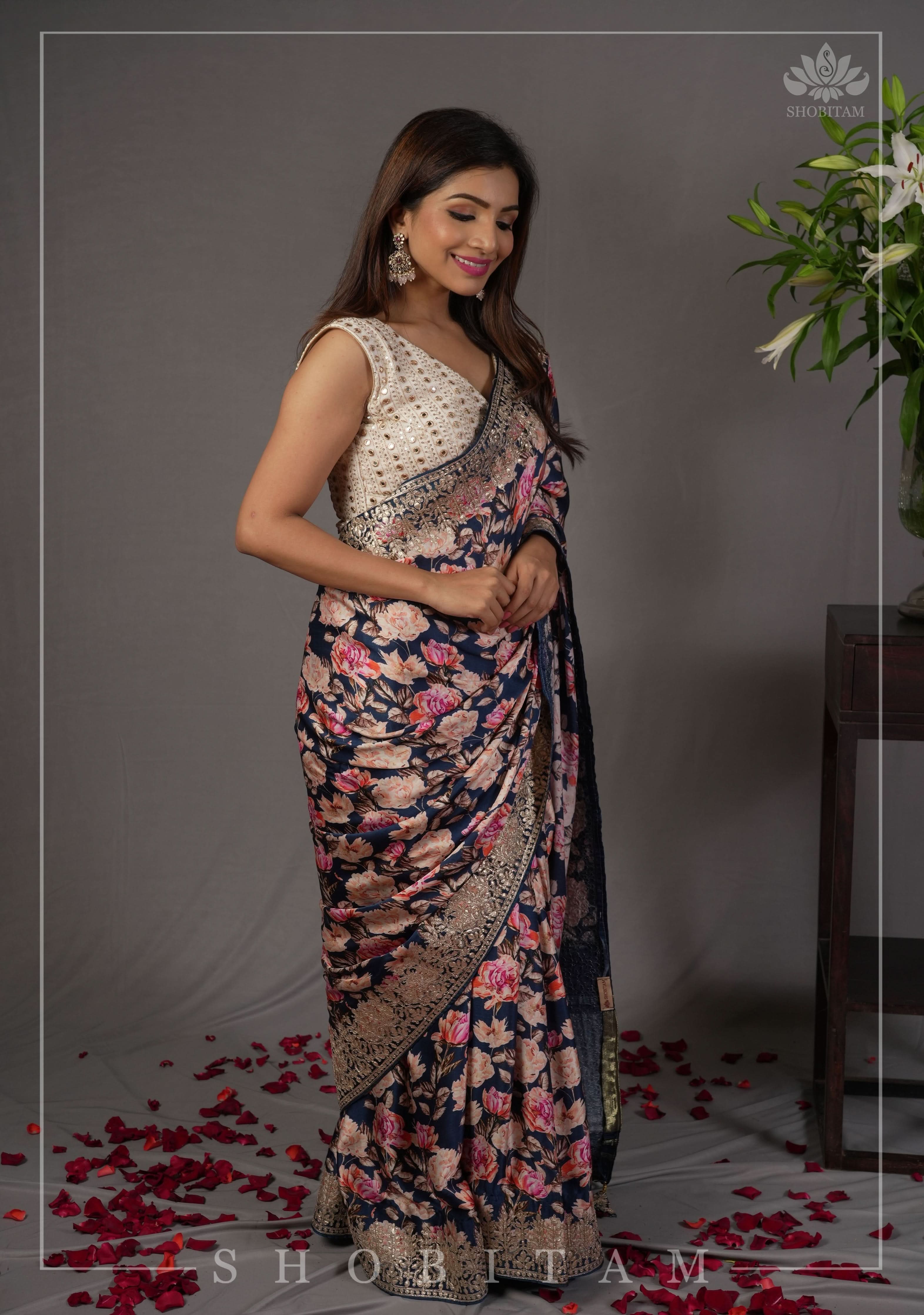 Navy Blue Gajji Silk Saree with Floral Print and Crushed Zari Pallu | Shobitam